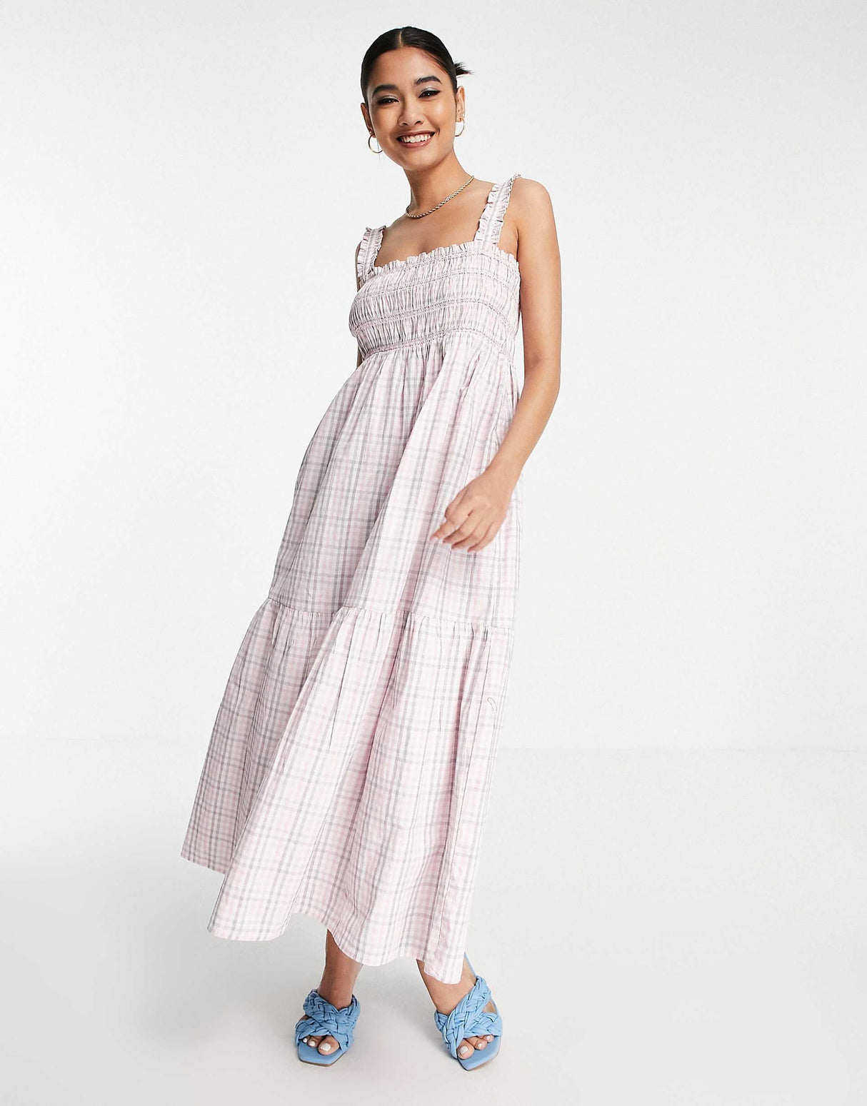 French Connection Square Neck Maxi Picnic Dress In Pink Check