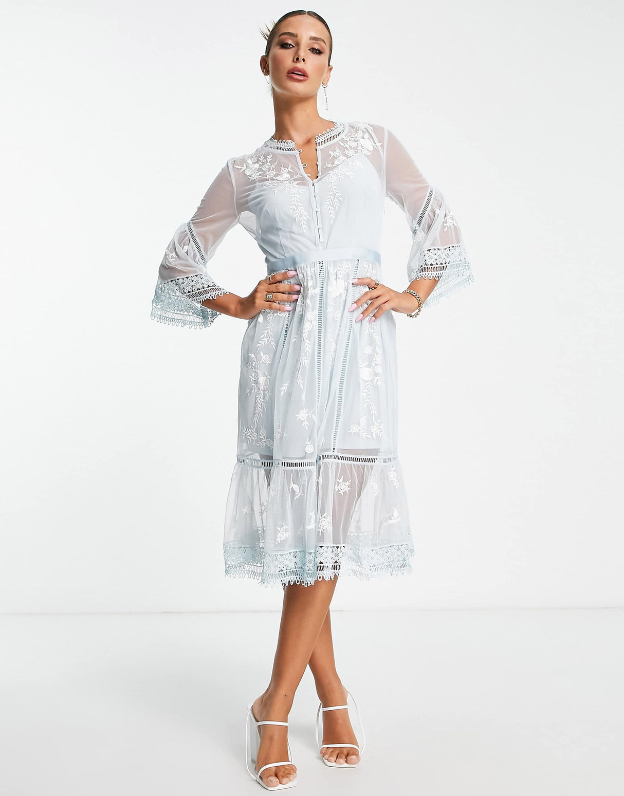 French Connection Midi Tea Dress With Delicate Floral Embroidery In Baby Blue