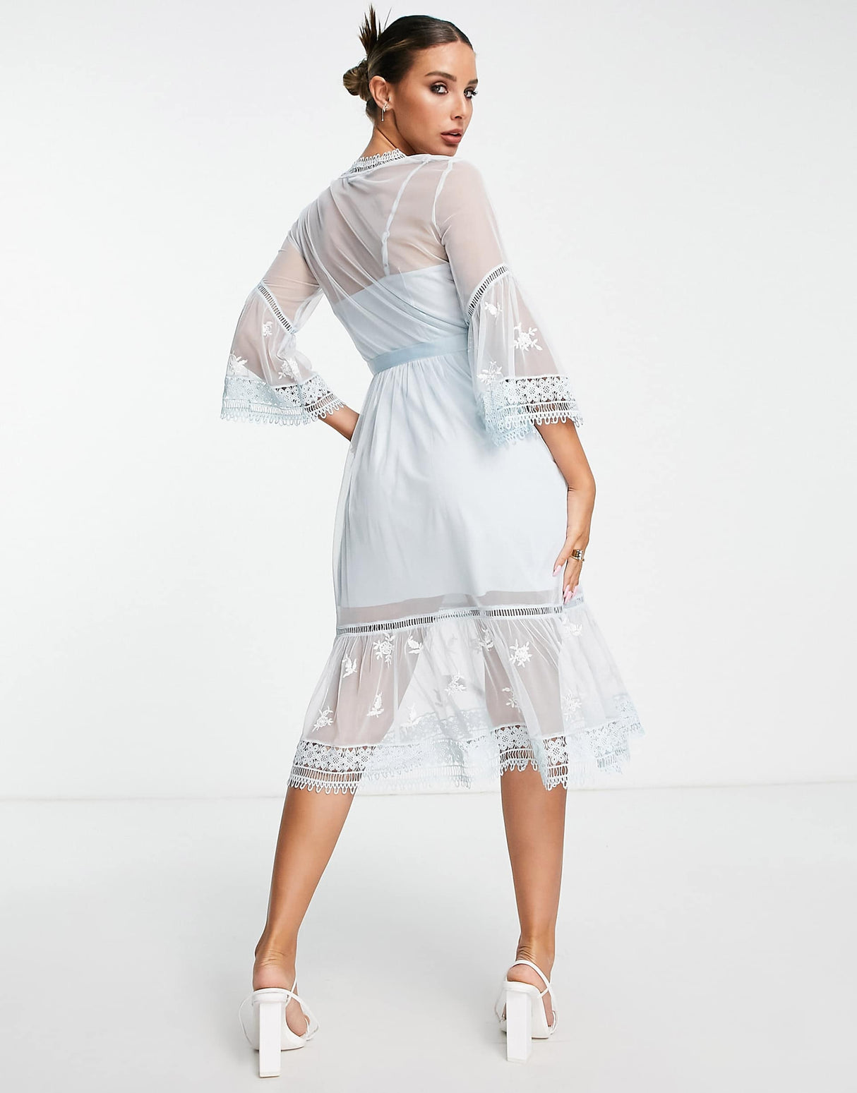 French Connection Midi Tea Dress With Delicate Floral Embroidery In Baby Blue