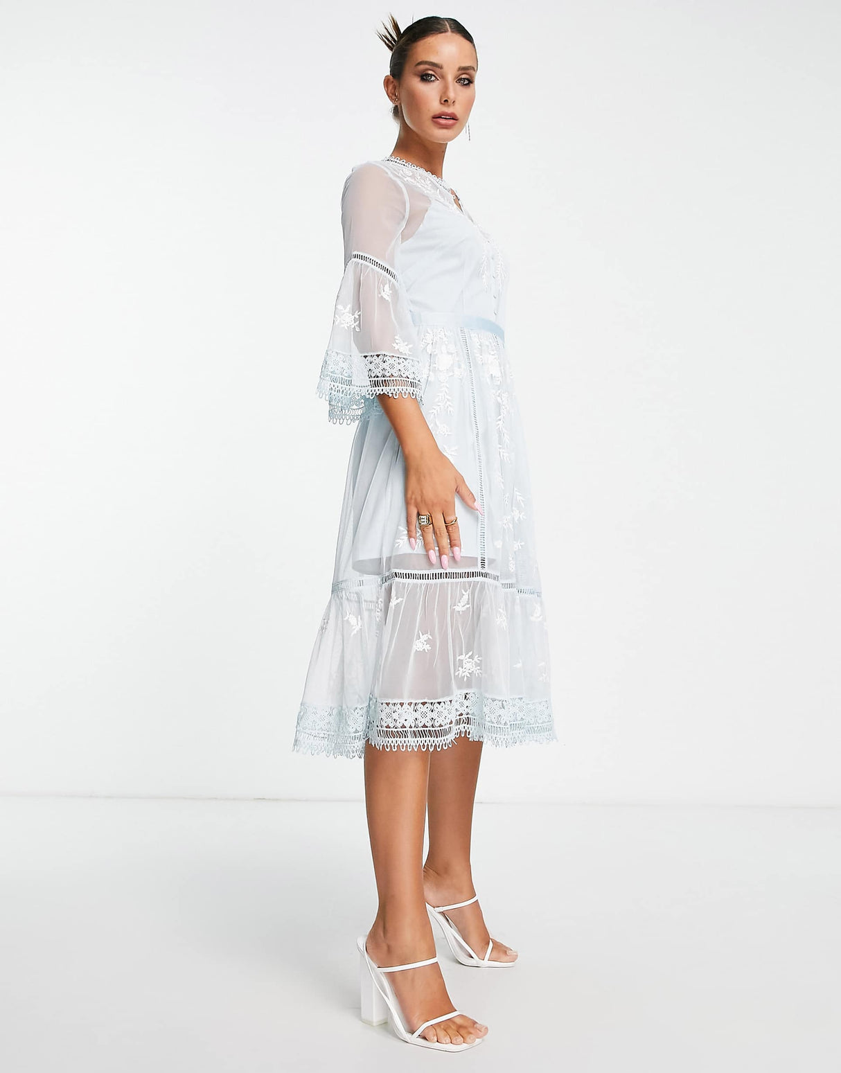 French Connection Midi Tea Dress With Delicate Floral Embroidery In Baby Blue