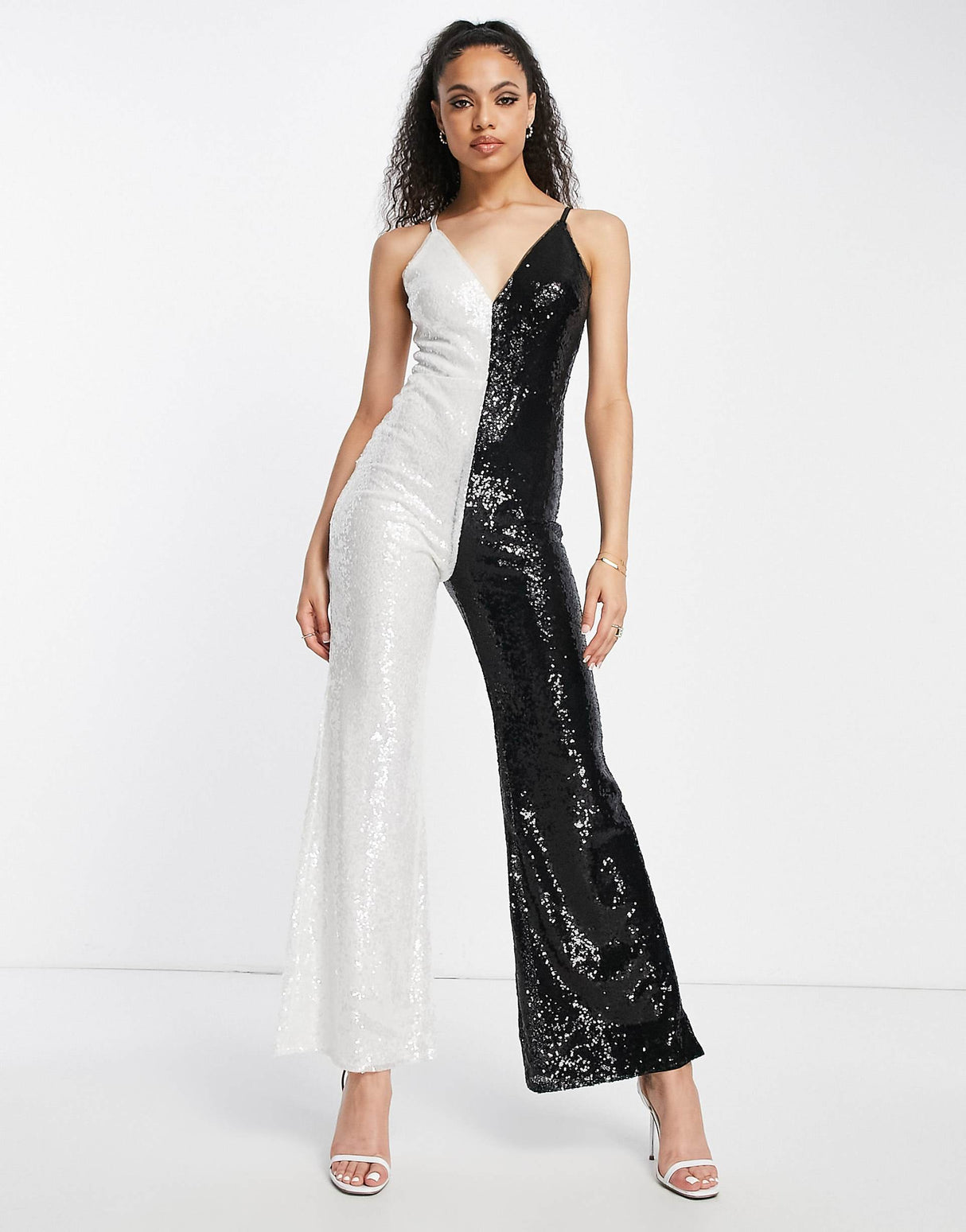 Jaded Rose 70S Plunge Flare Cami Jumpsuit In Contrast Sequin