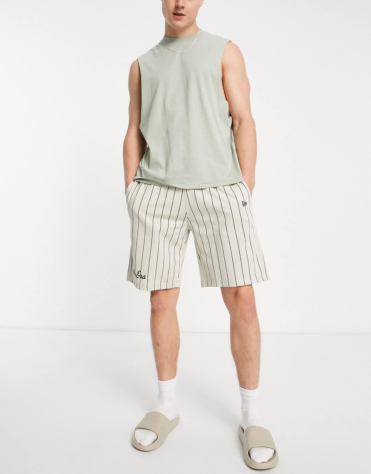 New Era Pinstripe Shorts In Beige