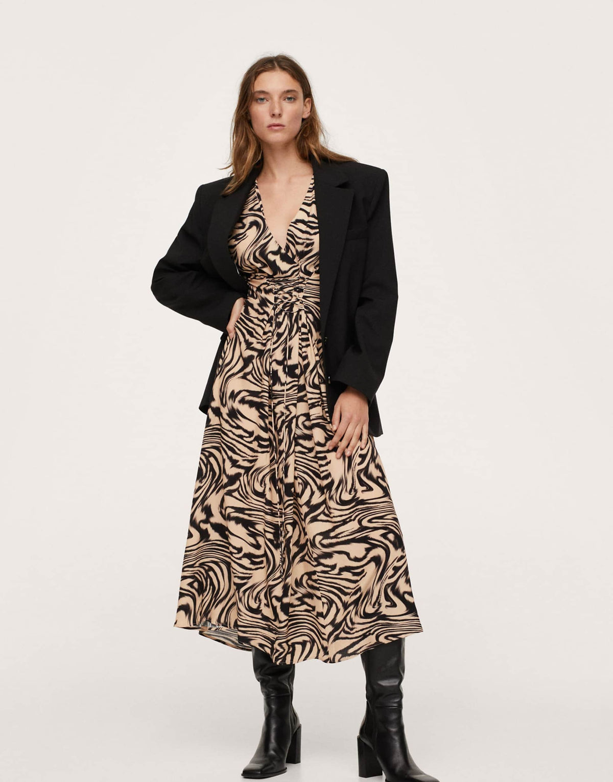 Mango Wavey Marble Print Midi Dress In Brown