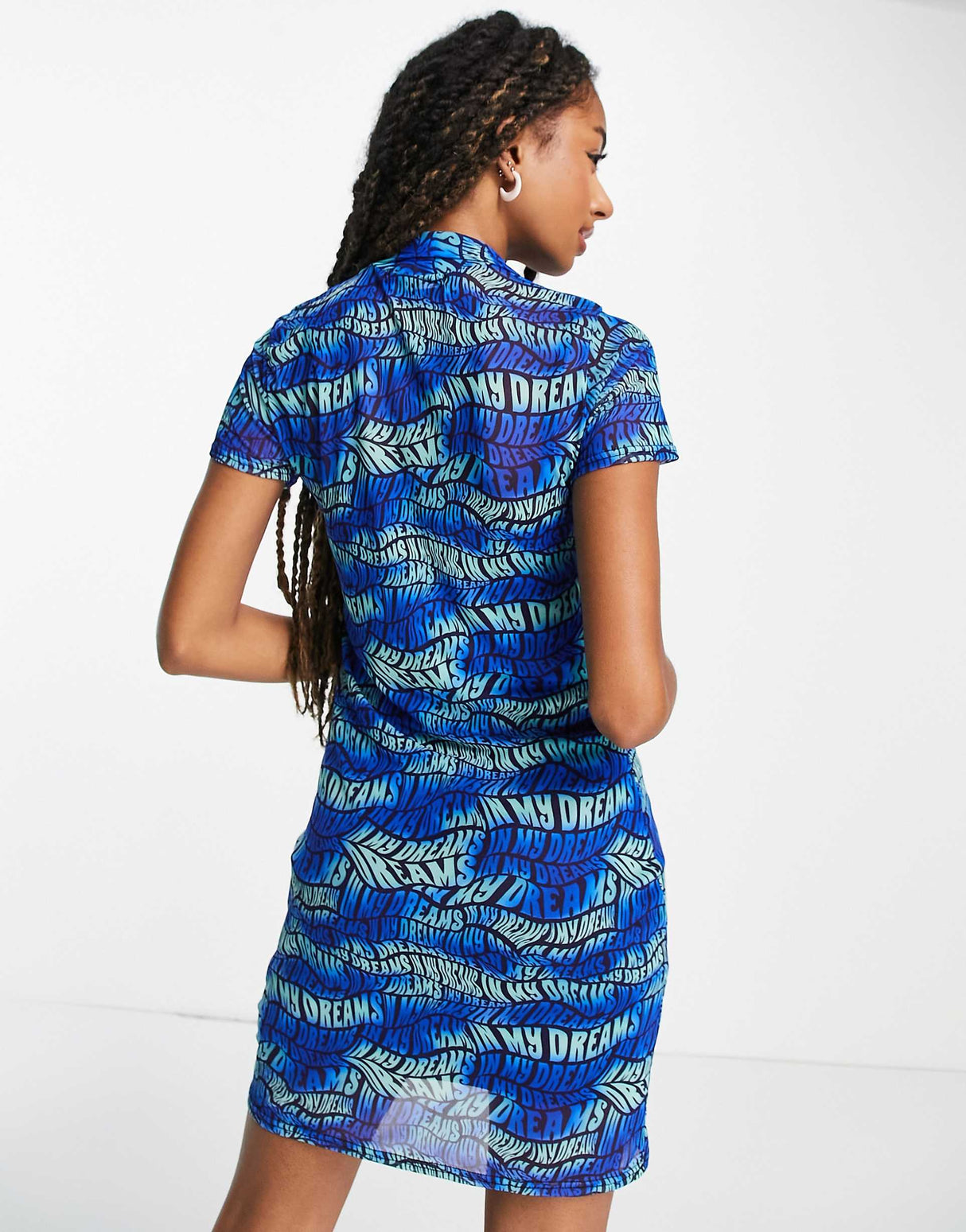 Daisy Street Button Front T-Shirt Mini Dress In Wavy Blue Text Print Mesh