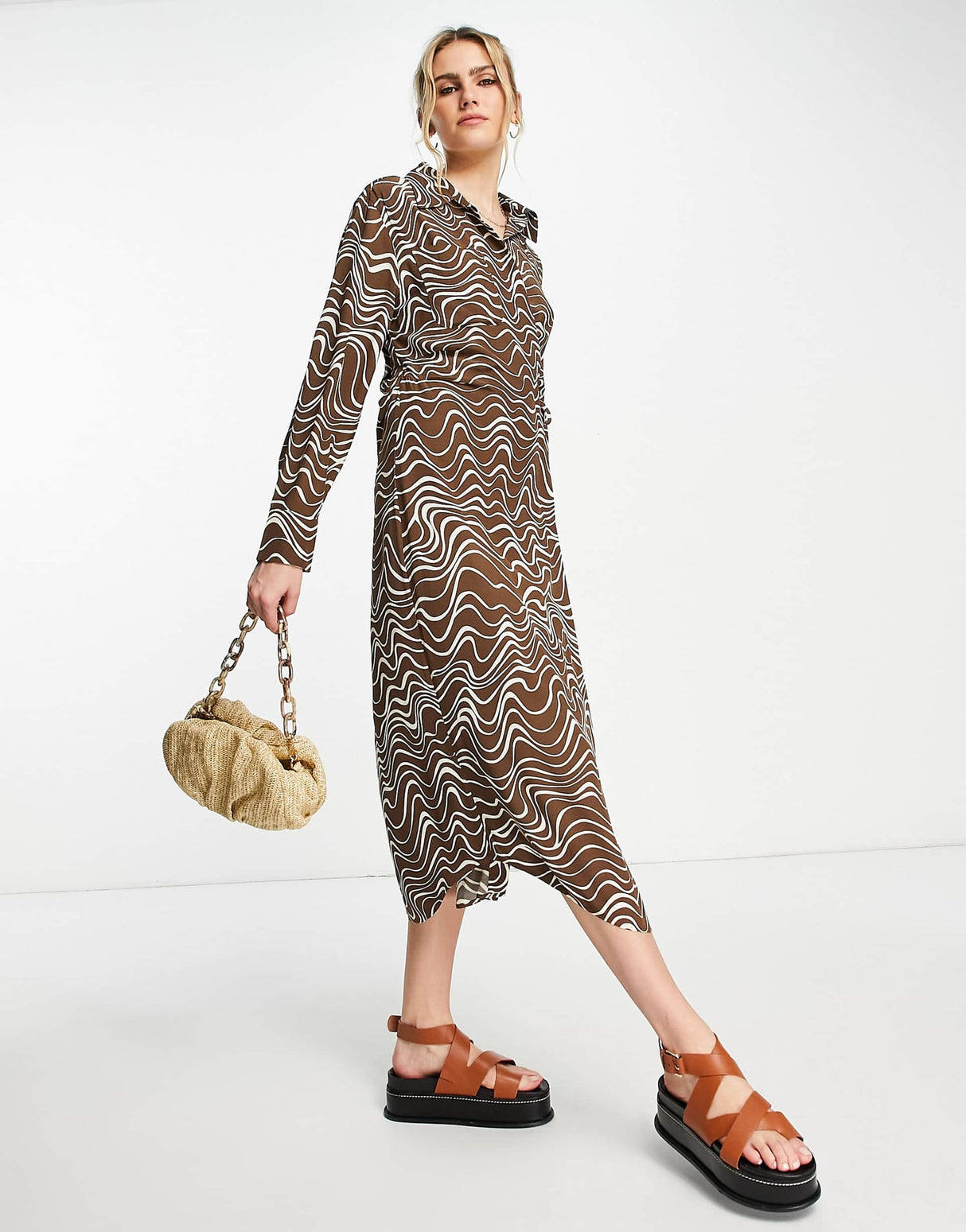 & Other Stories Shirt Midi Dress In Brown Print