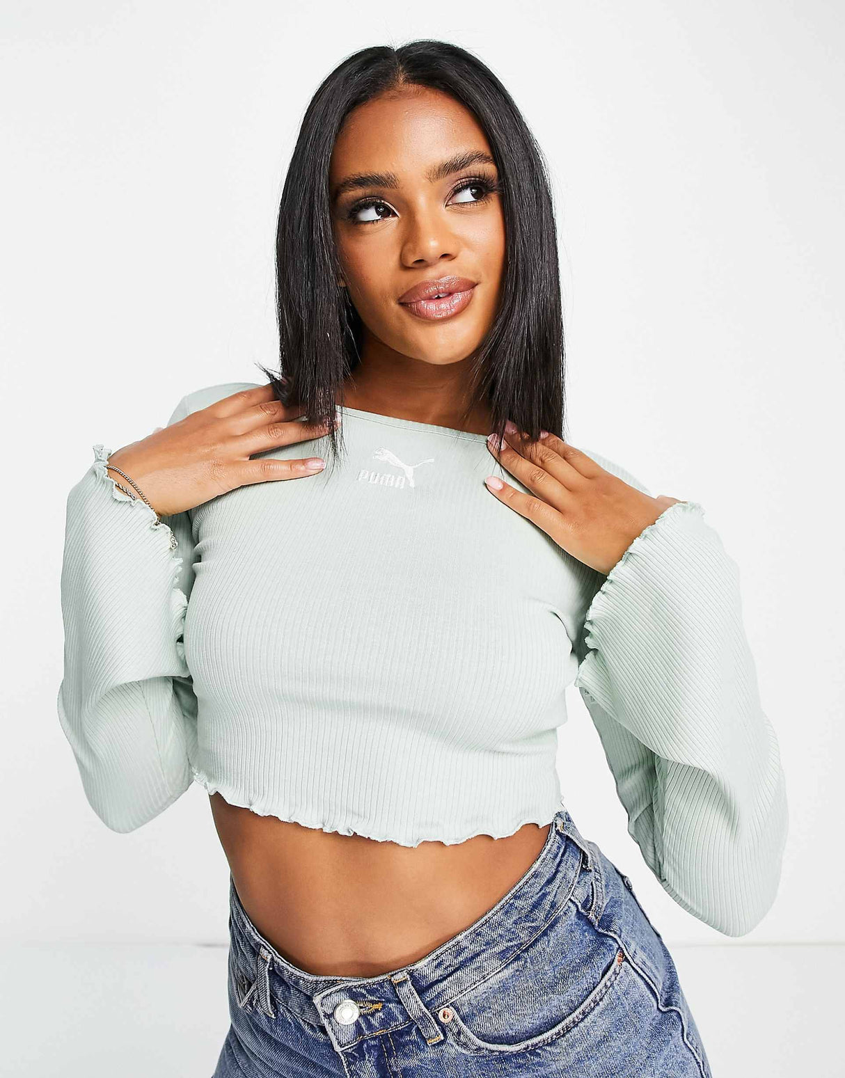 Puma Classic Flare Sleeve Scoop Back Top In Pastel Green