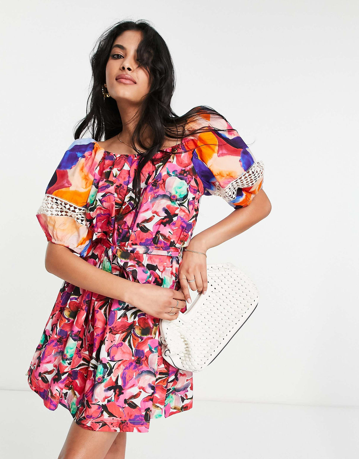 French Connection Cotton Mini Dress With Puff Sleeve In Contrast Prints
