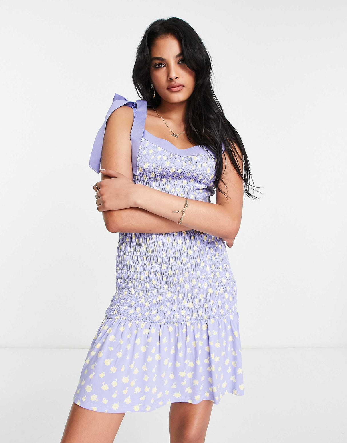 French Connection Smocked Mini Dress With Tie Shoulder And Ruffle Hem In Ditsy Floral