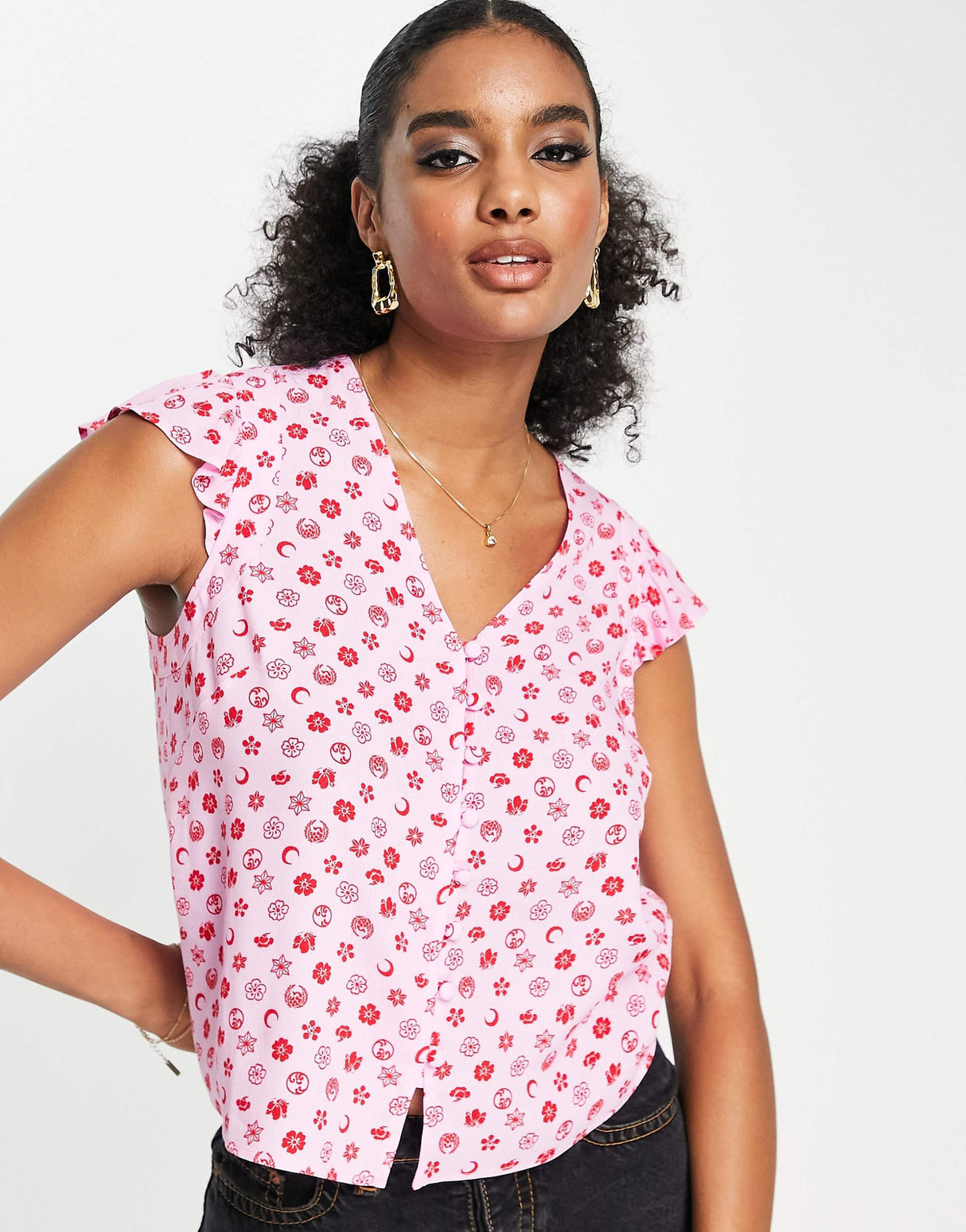 Whistles Button Front Top In Pink Icon Print