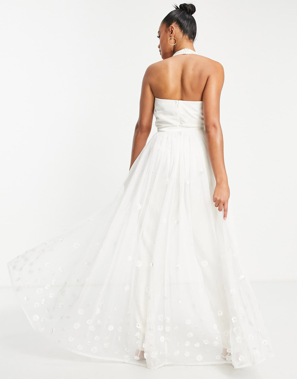 Starlet Plunge Jumpsuit With Tulle Overlay In Ivory 3D Floral