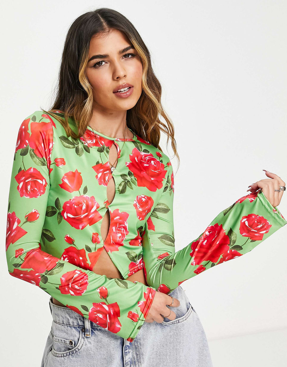 In The Style X Liberty Keyhole Long Sleeve Crop Top In Green Floral