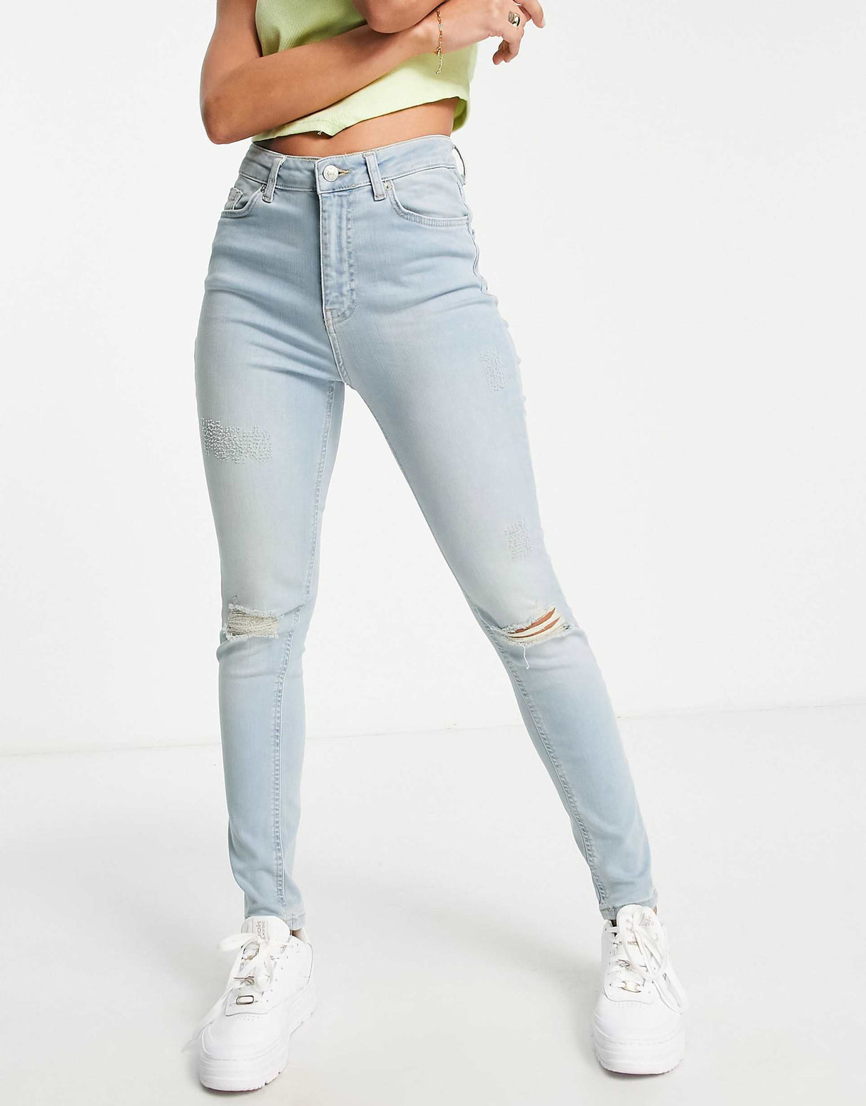 Na-Kd Cotton Highwaist Skinny Ripped Jeans In Light Blue
