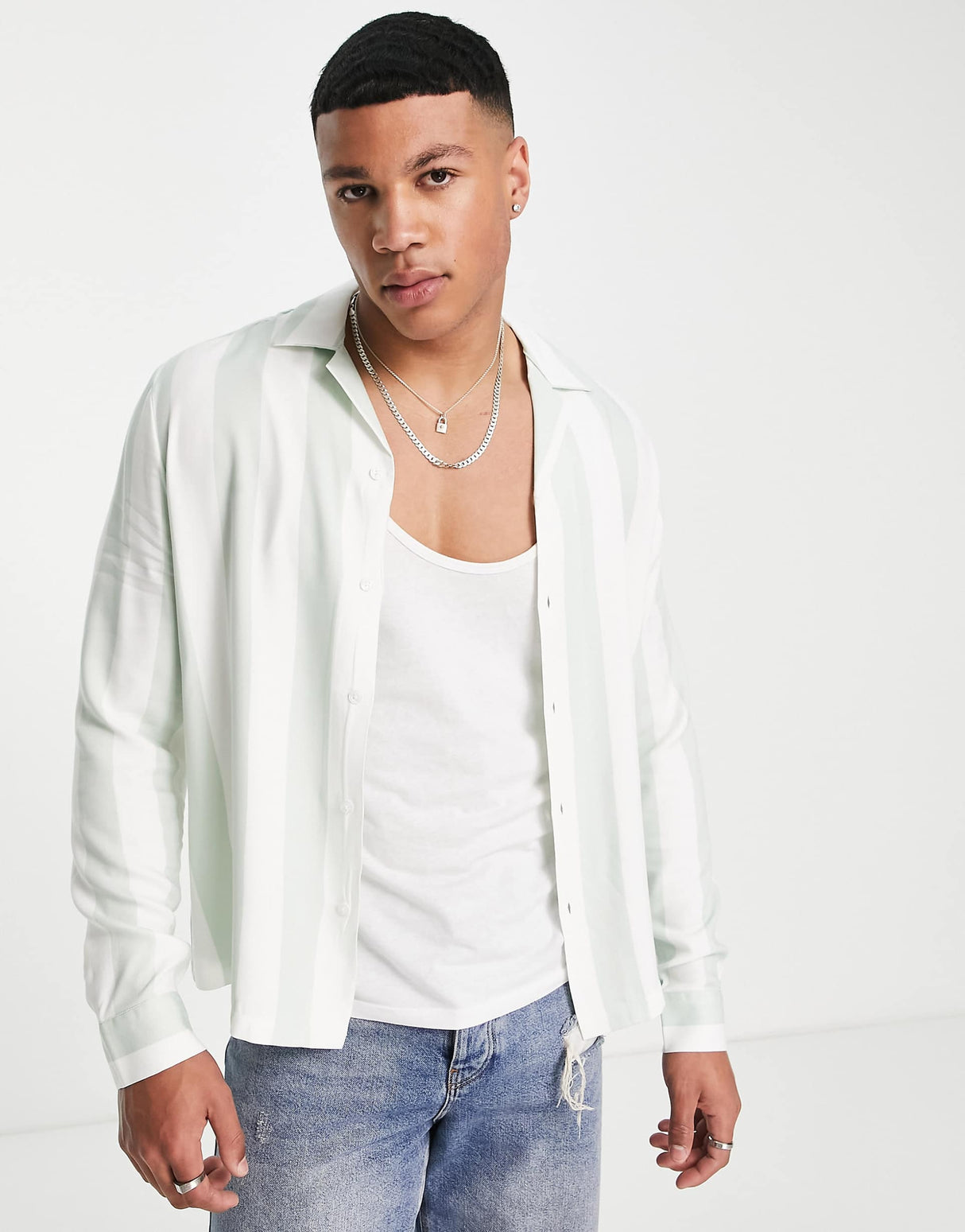 River Island Long Sleeve Slinky Stripe Shirt In Mint