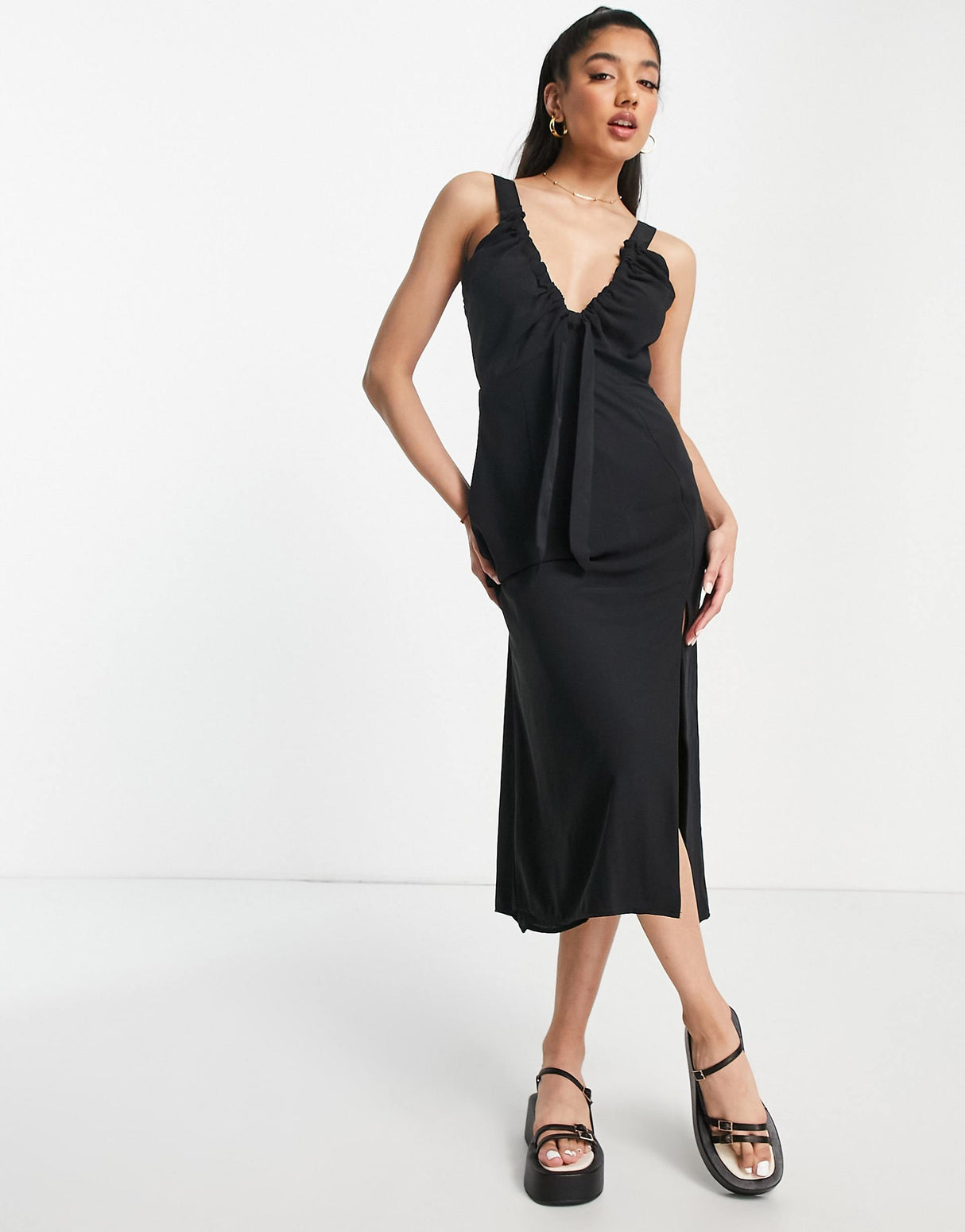 Abercrombie & Fitch Cinch Neck Slip Midi Dress In Black