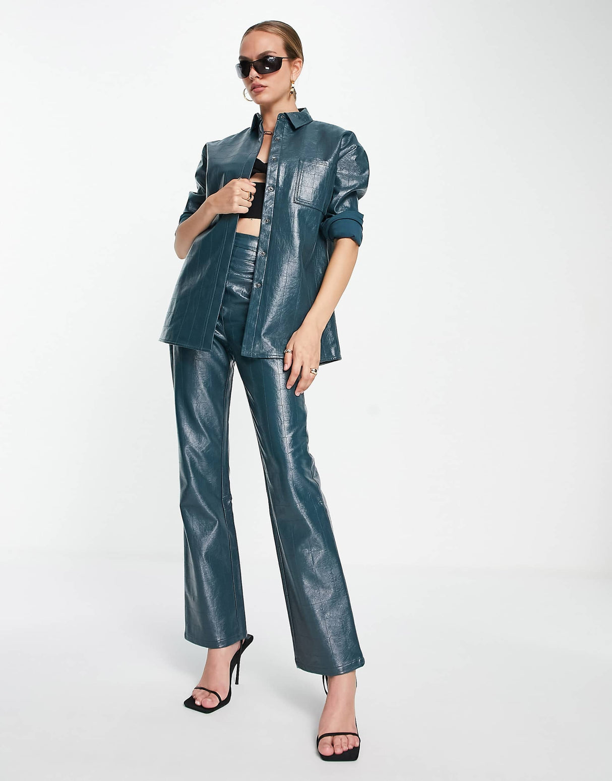 4Th & Reckless Oversized Leather Look Embossed Shirt Co Ord In Teal