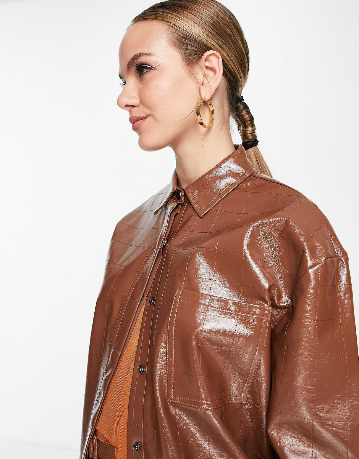 4Th & Reckless Oversized Leather Look Embossed Shirt Co-Ord In Chocolate
