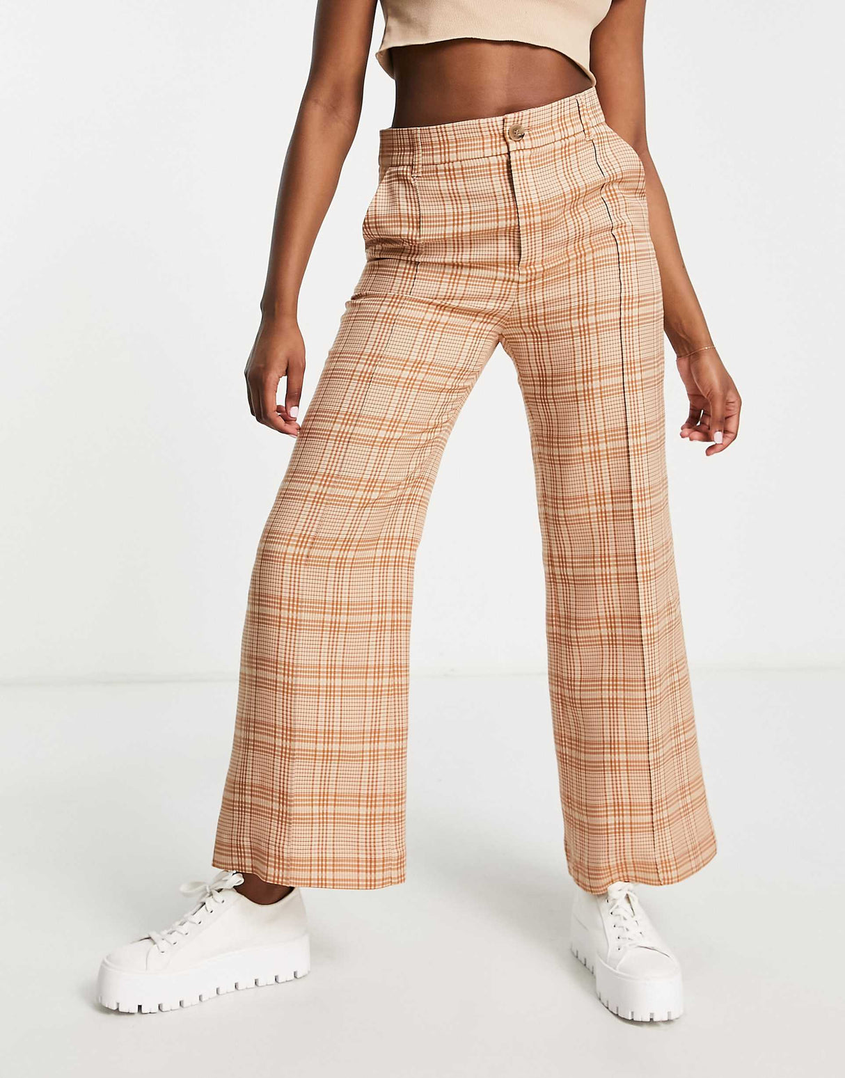 & Other Stories Wide Leg Trousers In Beige Check Print