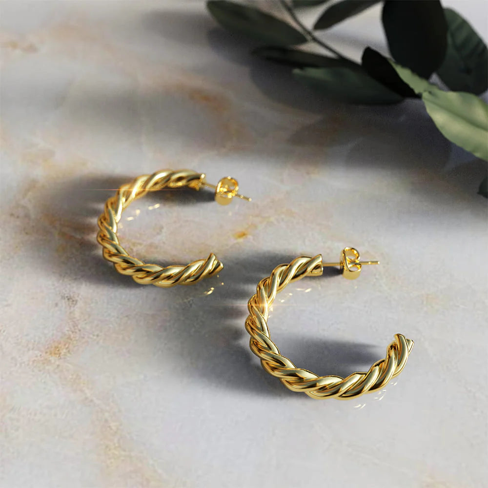 Bullion Gold Twisted Braid C-Hoop Gold Layered Earrings 30mm