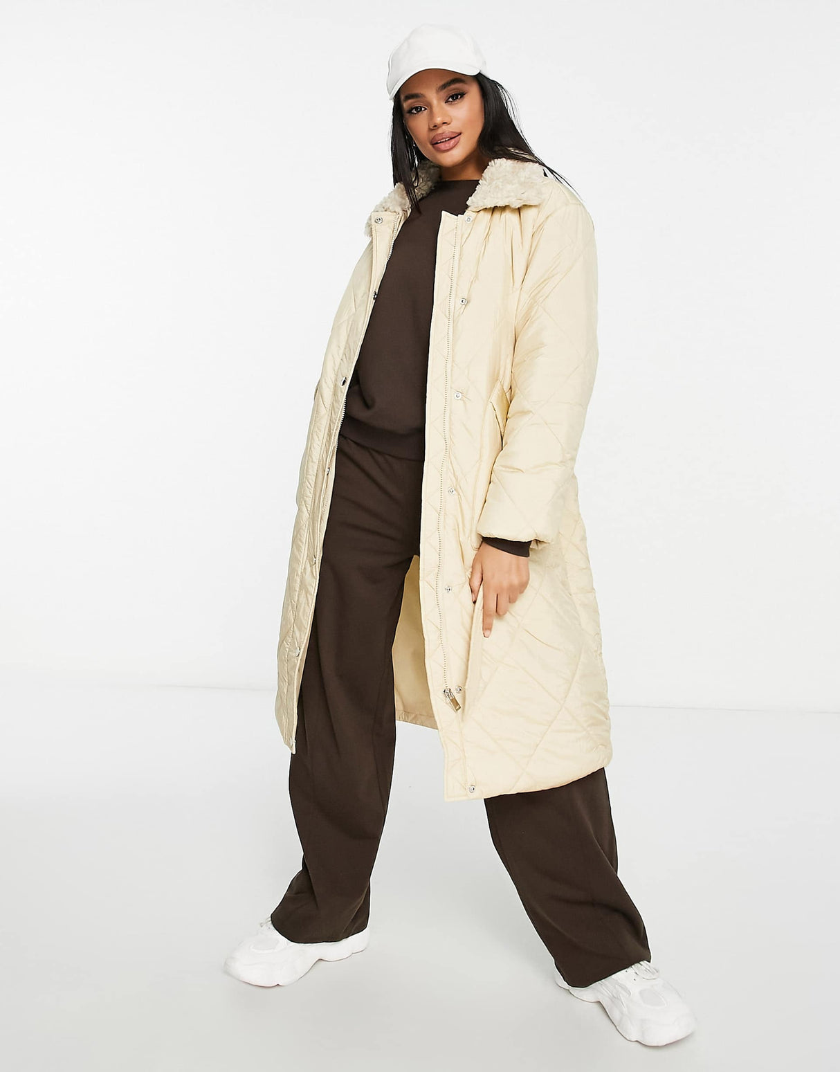Qed London Diamond Quilt Belted Coat In Stone