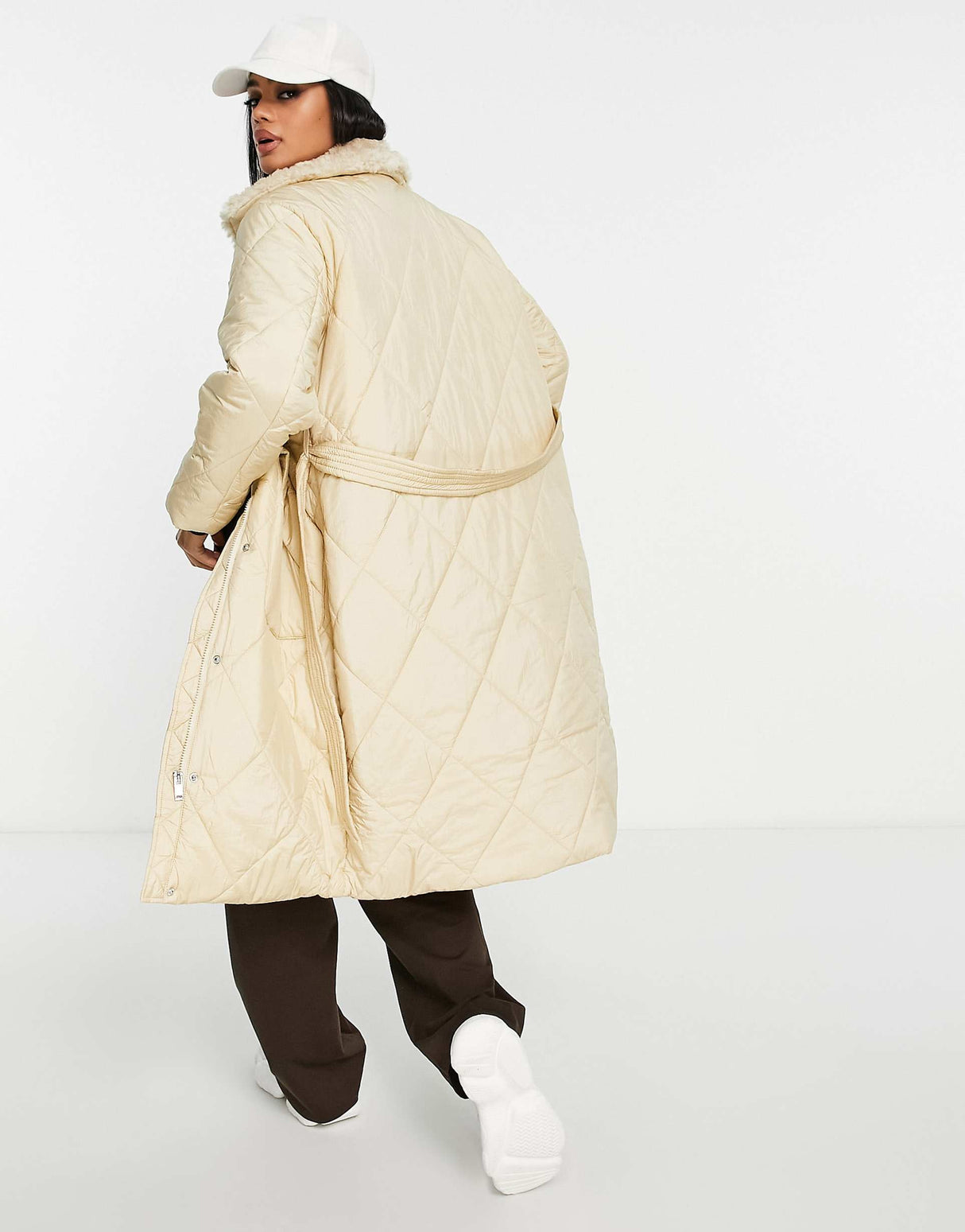Qed London Diamond Quilt Belted Coat In Stone