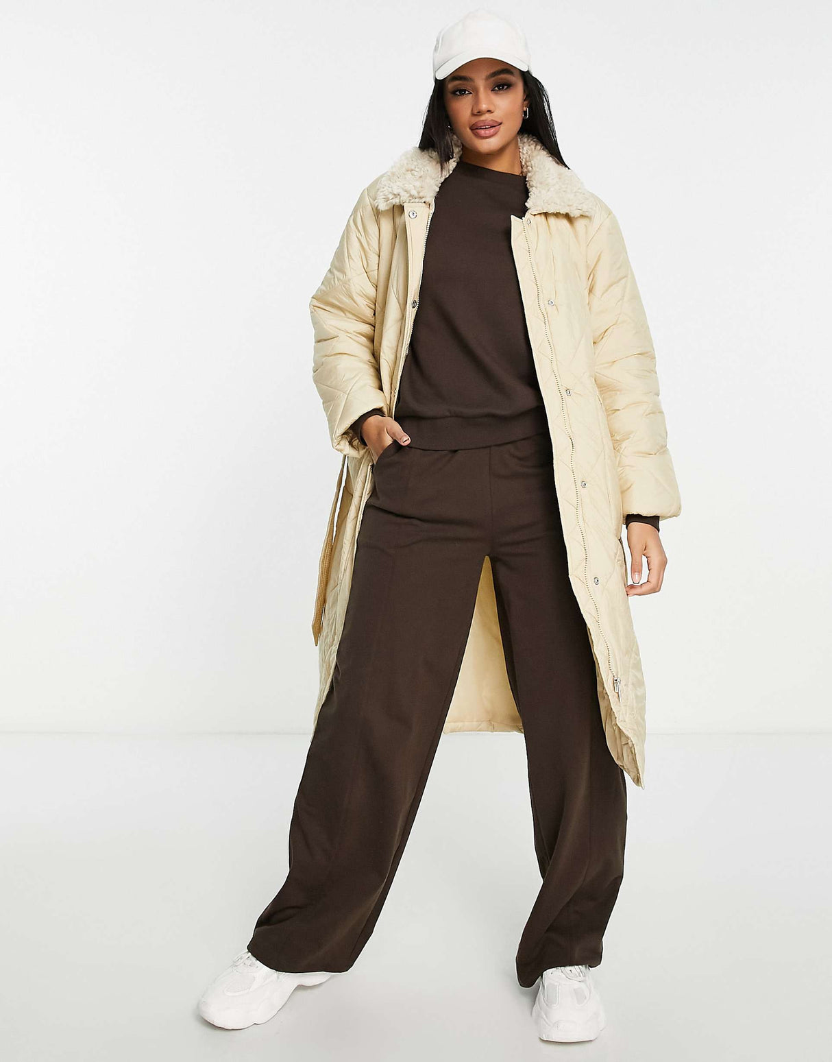 Qed London Diamond Quilt Belted Coat In Stone