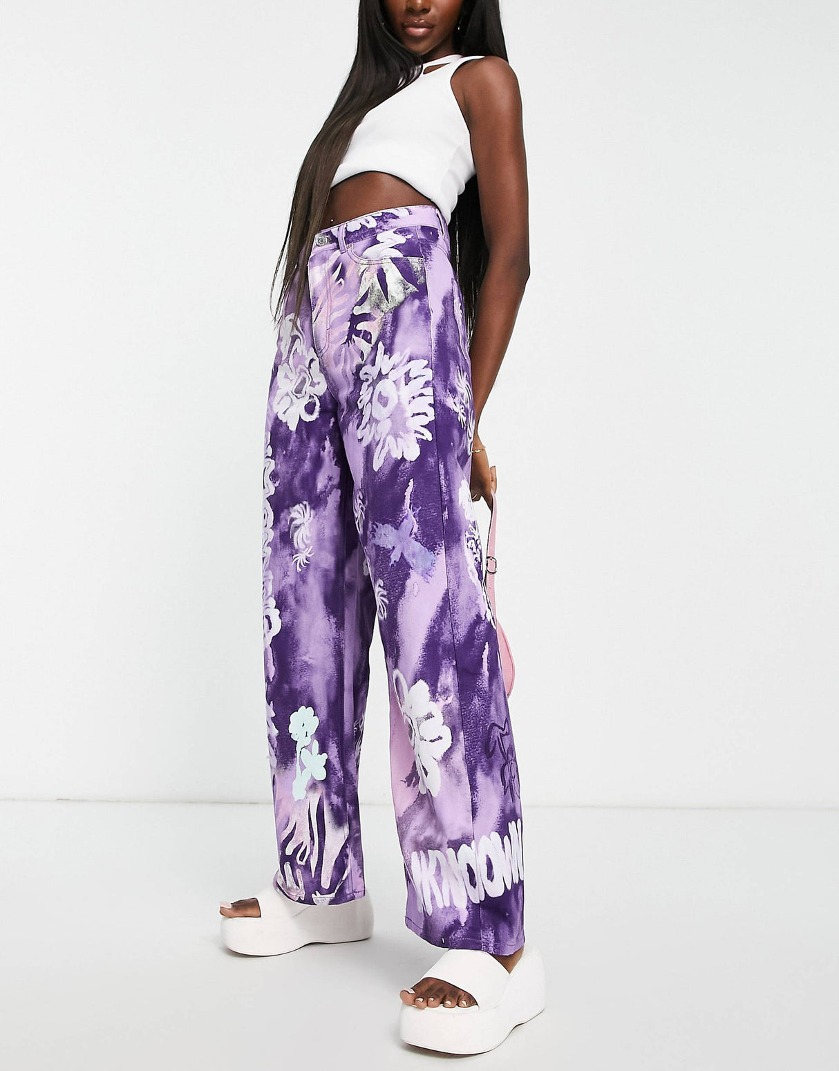 Weekday Straight Leg Trousers In Purple Abstract Flower
