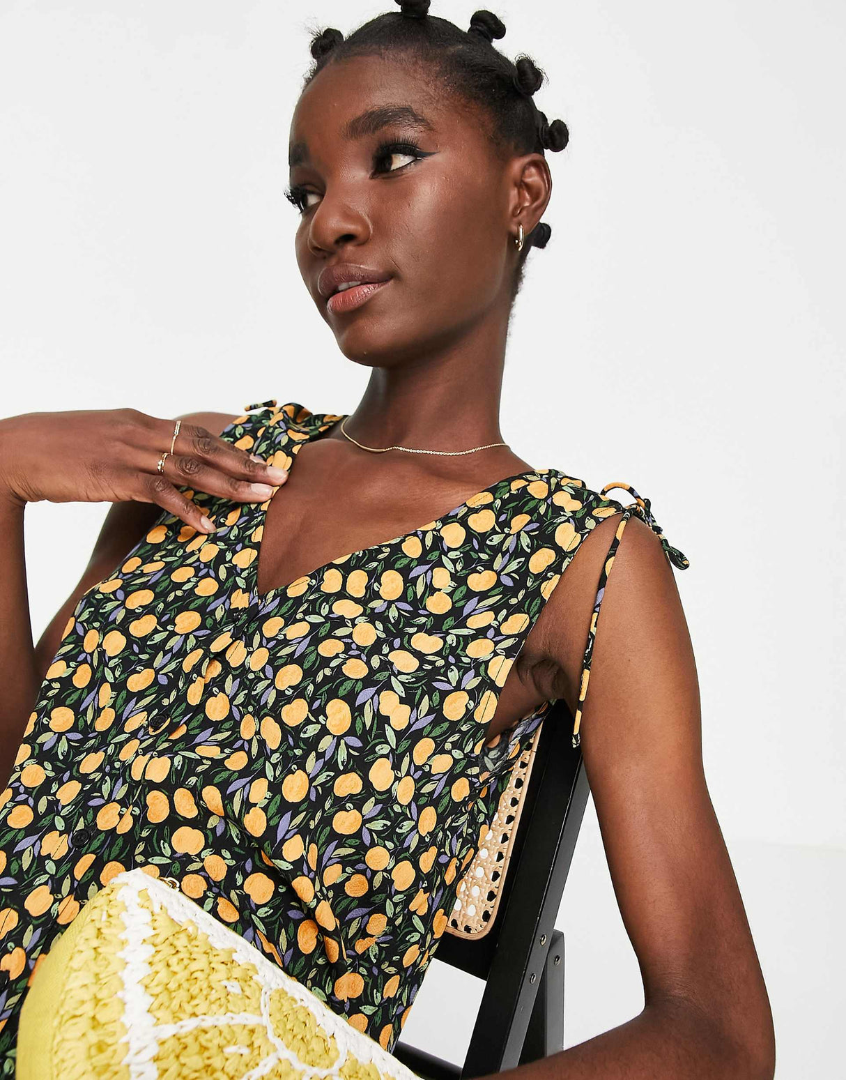 & Other Stories Tie Shoulder Mini Dress In Lemon Print