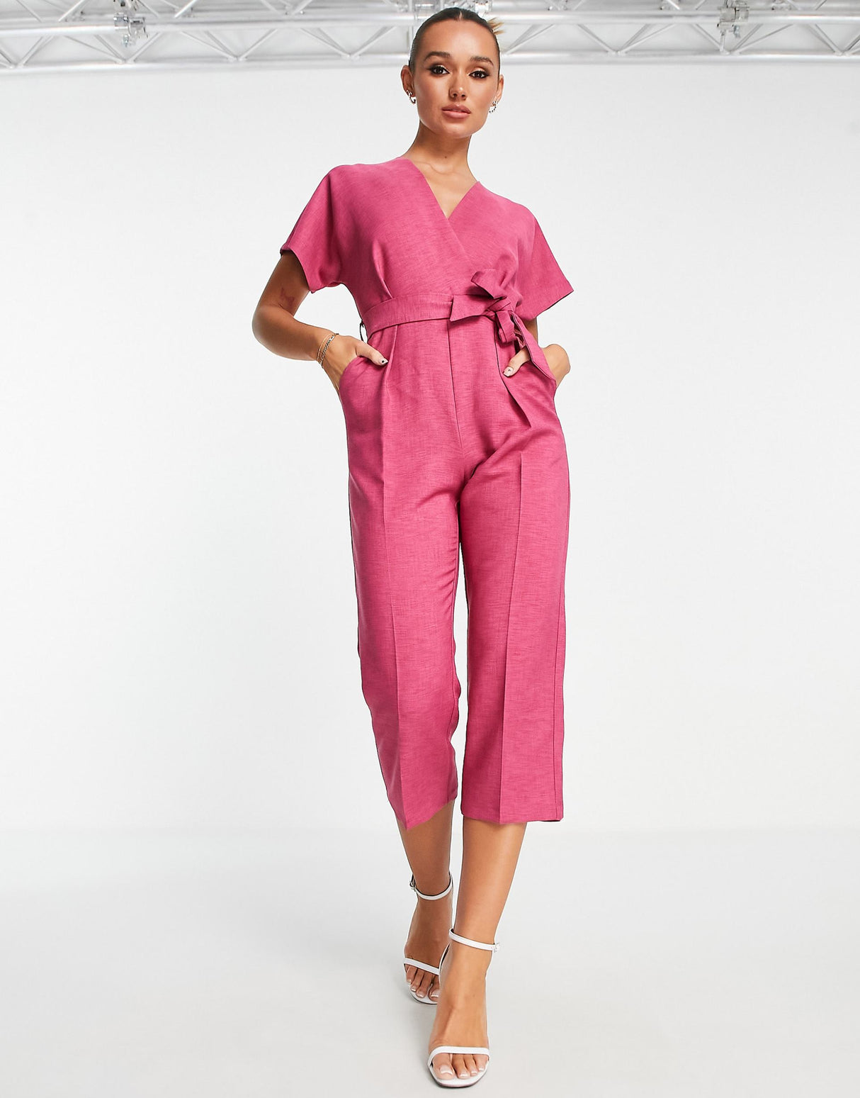 Closet London Tie Waist Kimono Jumpsuit In Plum
