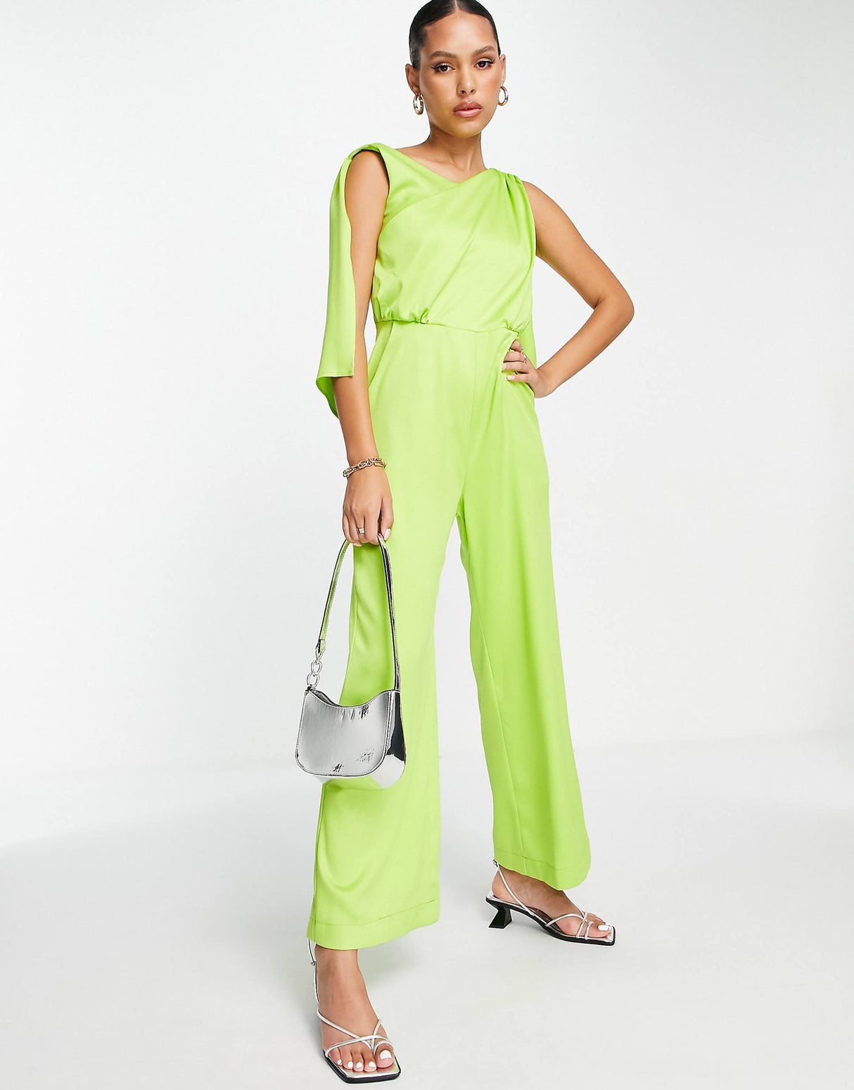 Closet London Drape Satin Wide Leg Jumpsuit In Lime