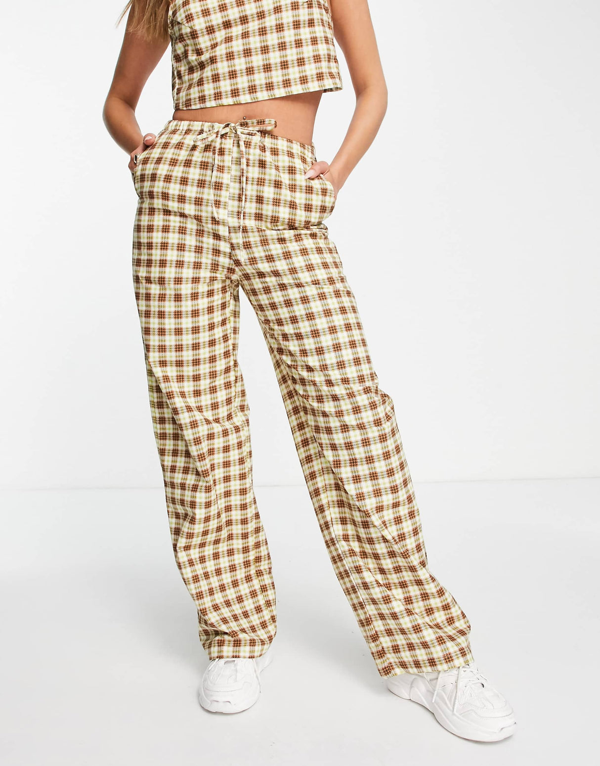 Motel Low Rise Relaxed Trousers With Drawstring Waist In Retro Brown Check Co-Ord