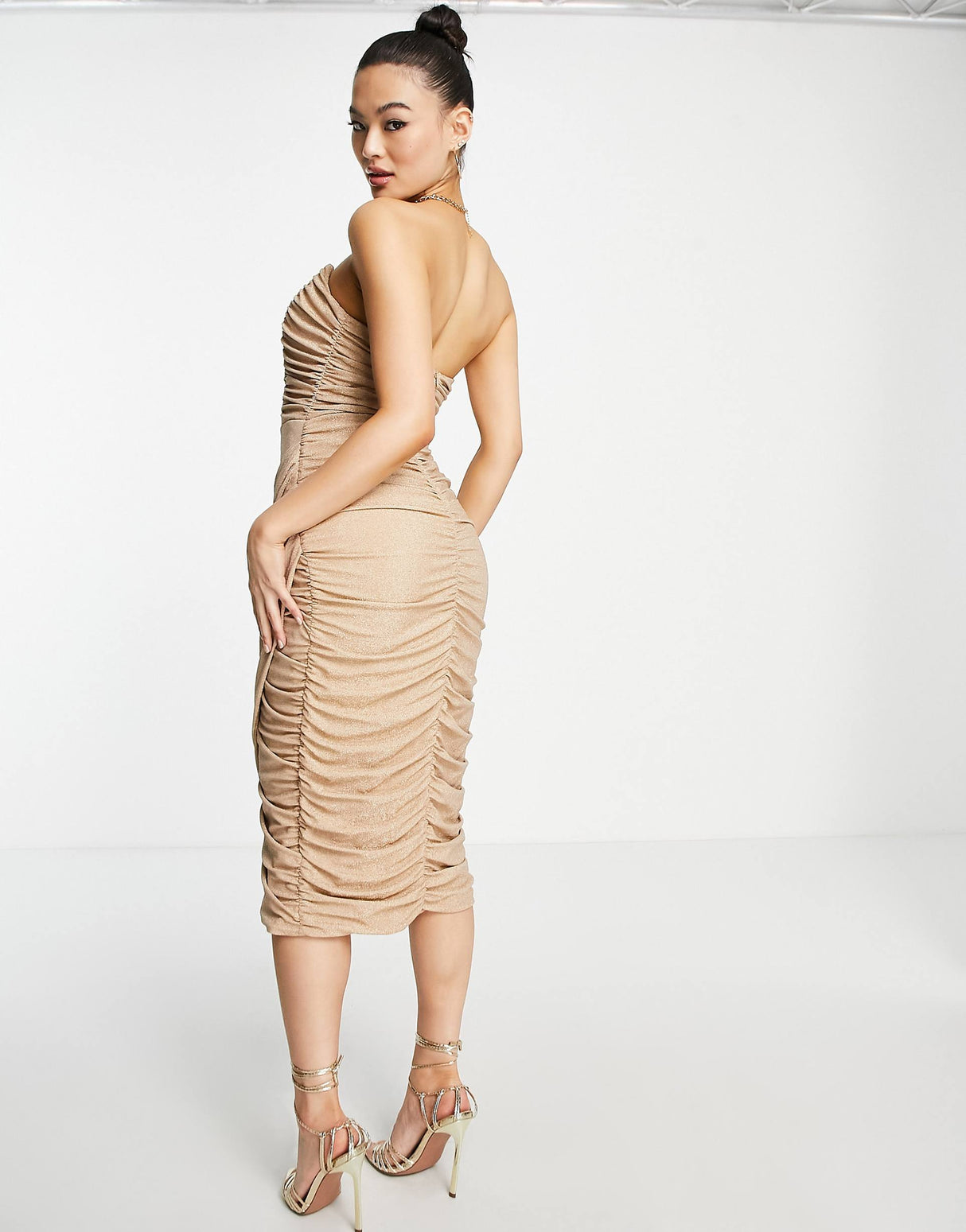 Rare London Mesh Drape Wrap Midi Pencil Dress In Stone Glitter