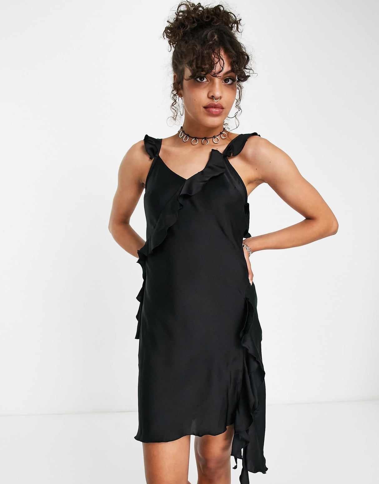 Weekday Wave Frill Detail Mini Dress In Black