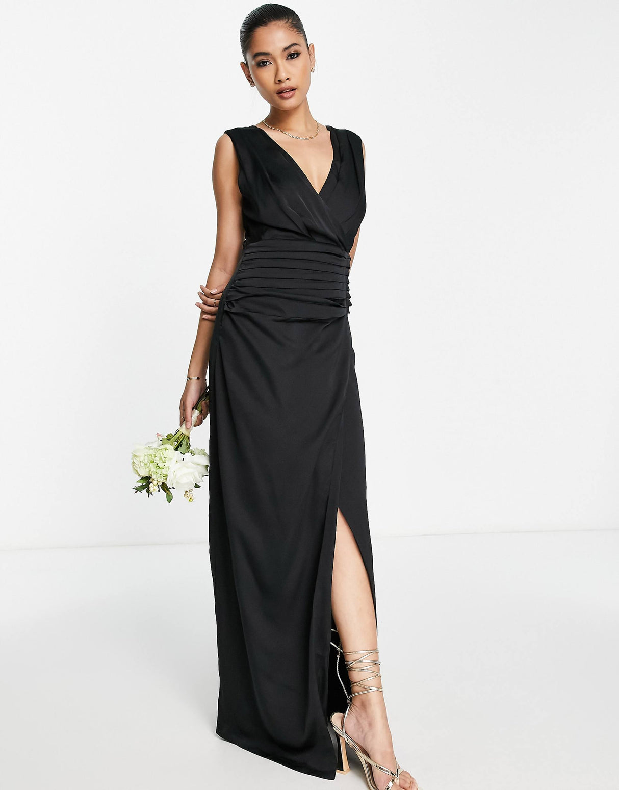 Liquorish Satin Wrap Front Maxi Dress In Black