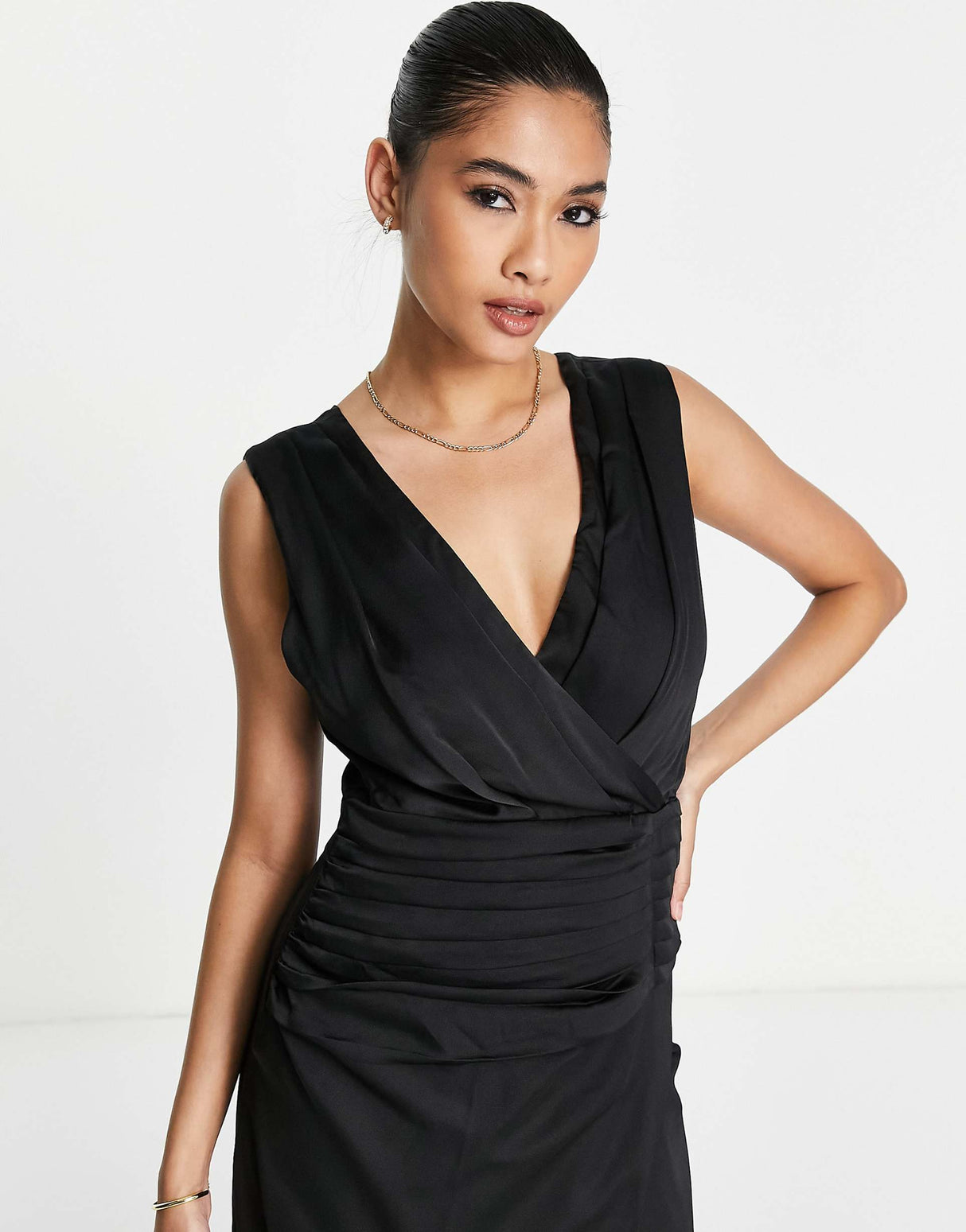 Liquorish Satin Wrap Front Maxi Dress In Black