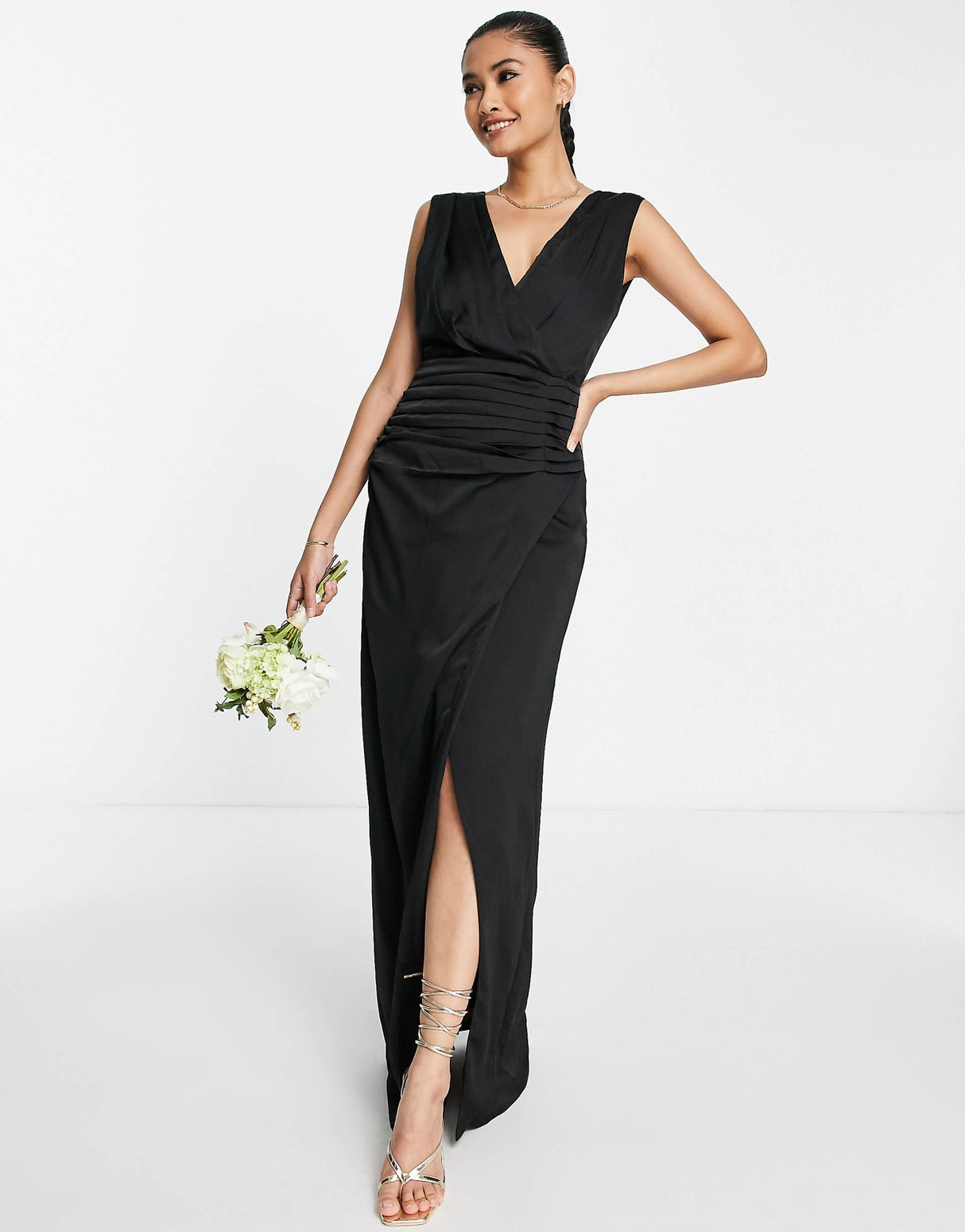 Liquorish Satin Wrap Front Maxi Dress In Black