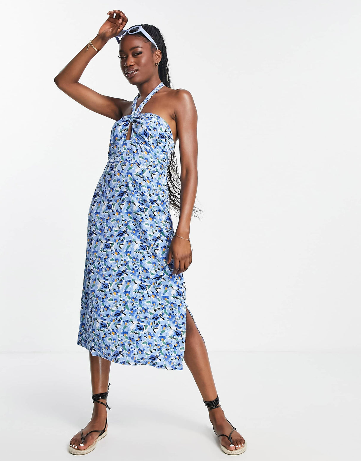 Qed London Halter Neck Midi Dress In Blue Floral