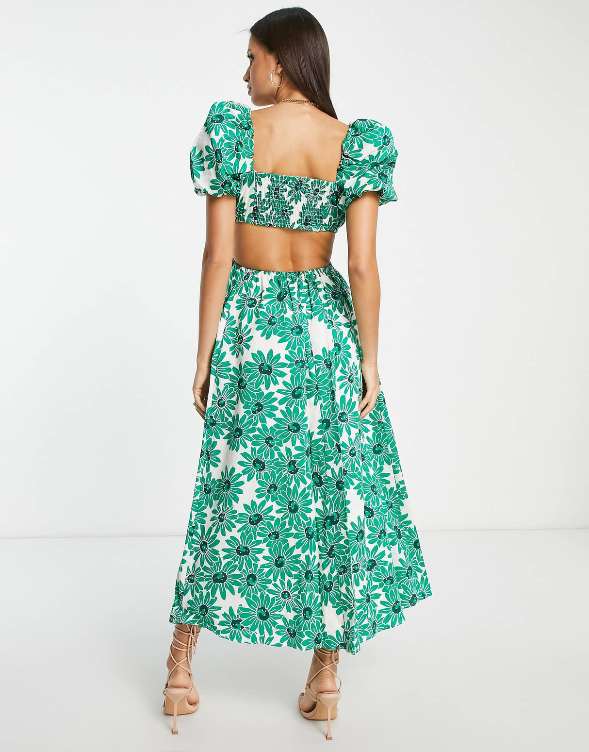 Mango Open Back Square Neck Midi Dress In Green Floral Print