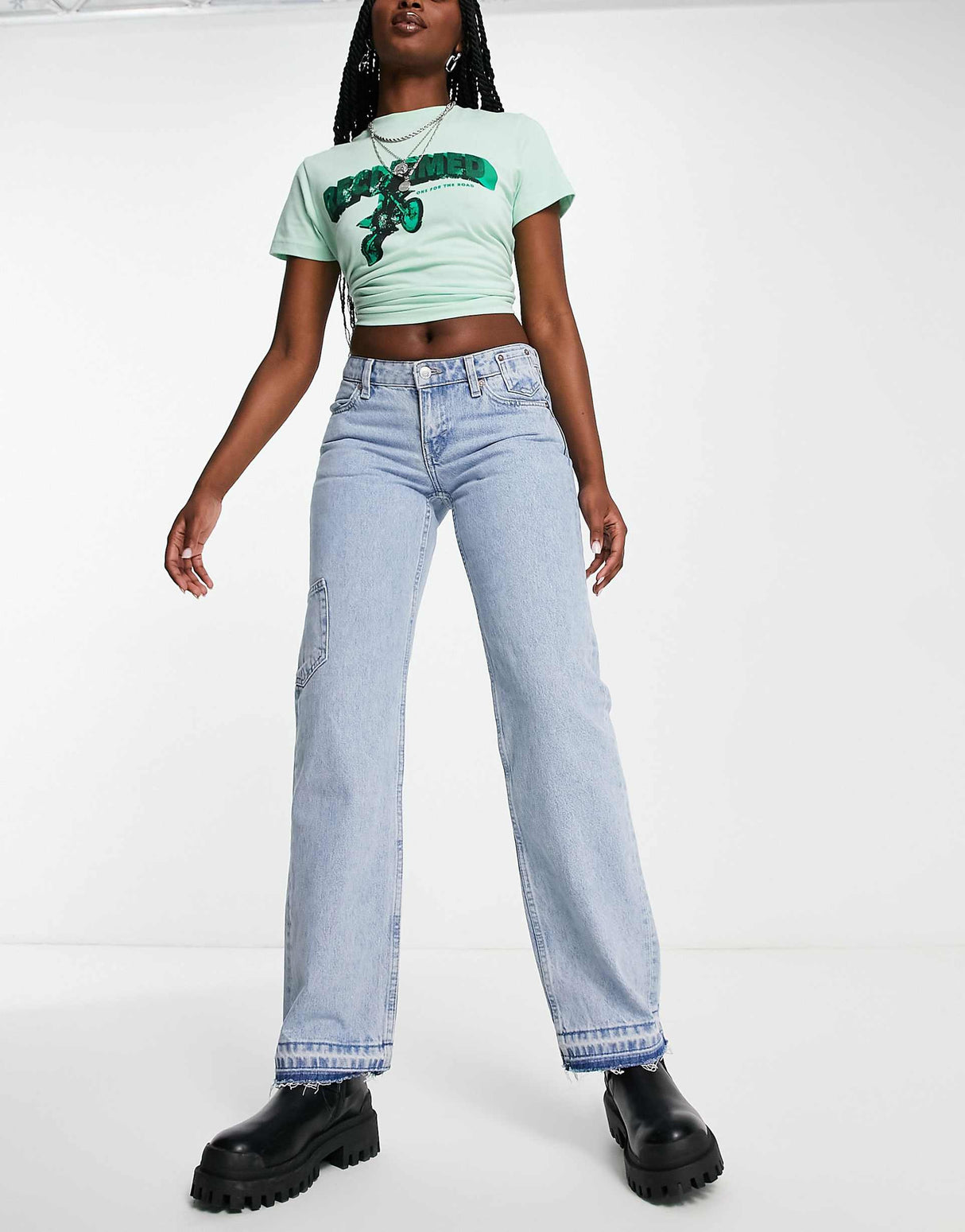 Weekday Modulate Low Rise Cargo Jeans In Washed Light Blue