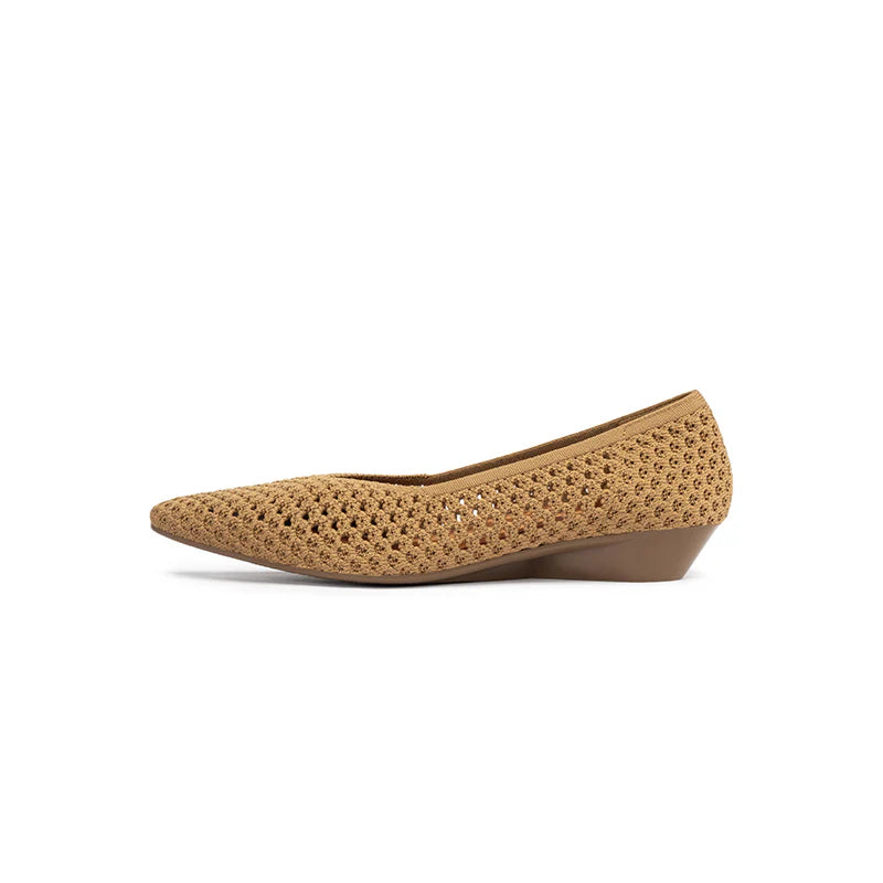 Heart Mesh Knit Pointed Toe Wedge Pumps - Tan