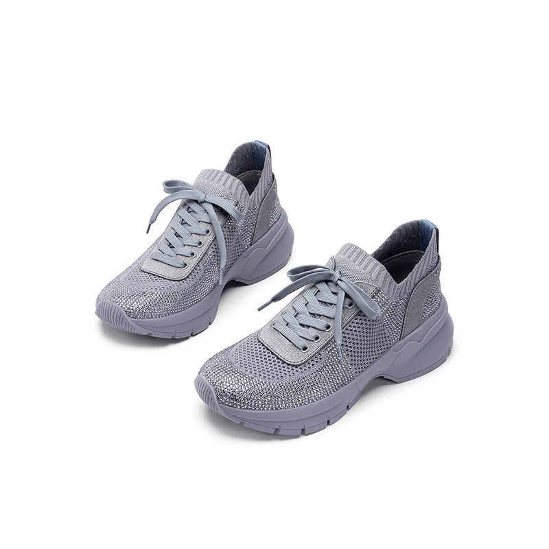 Rhinestone Mesh Knit Chunky Platform Sneakers - Grey