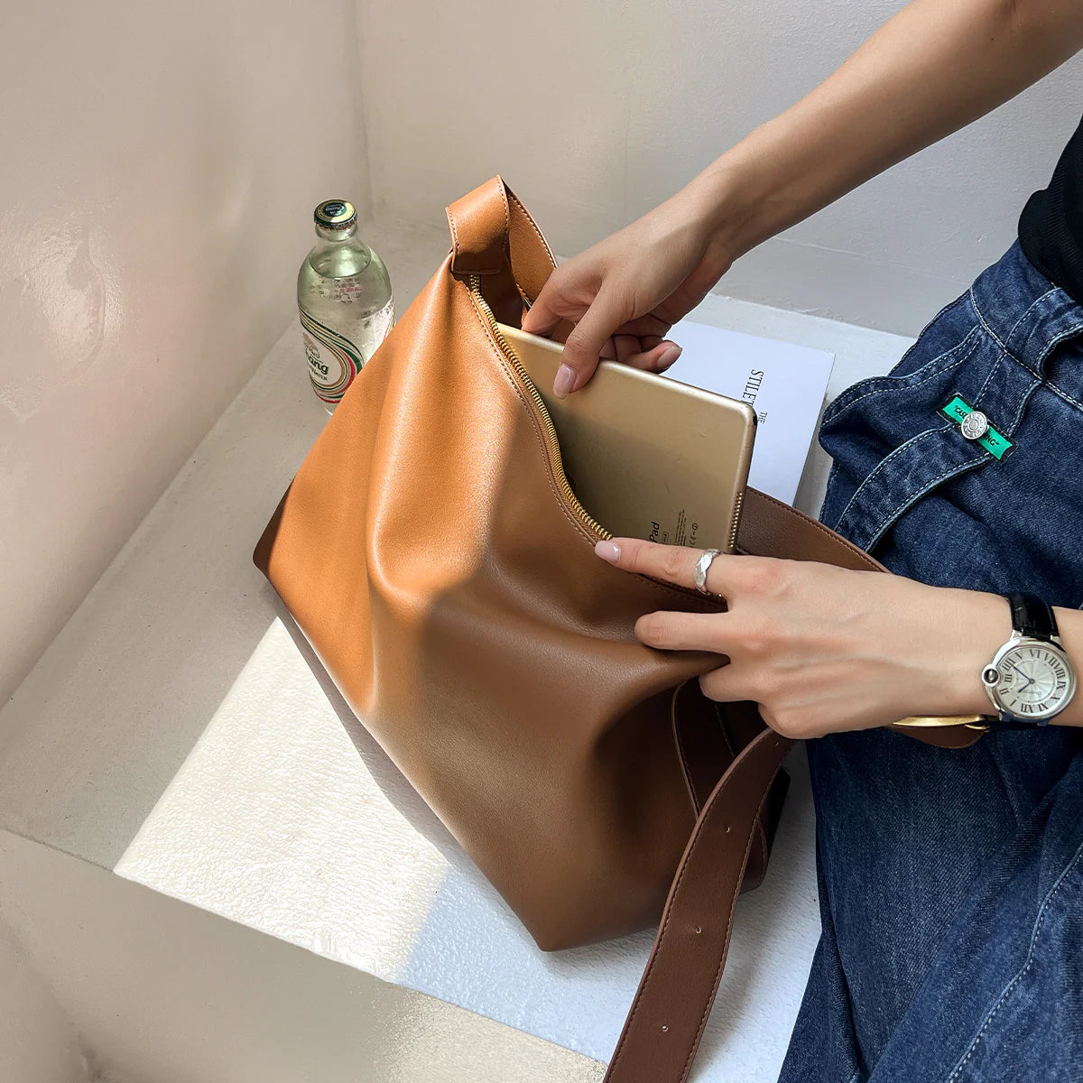 Nalandu Soft Leather Slouch Shoulder Hobo Bag - Brown