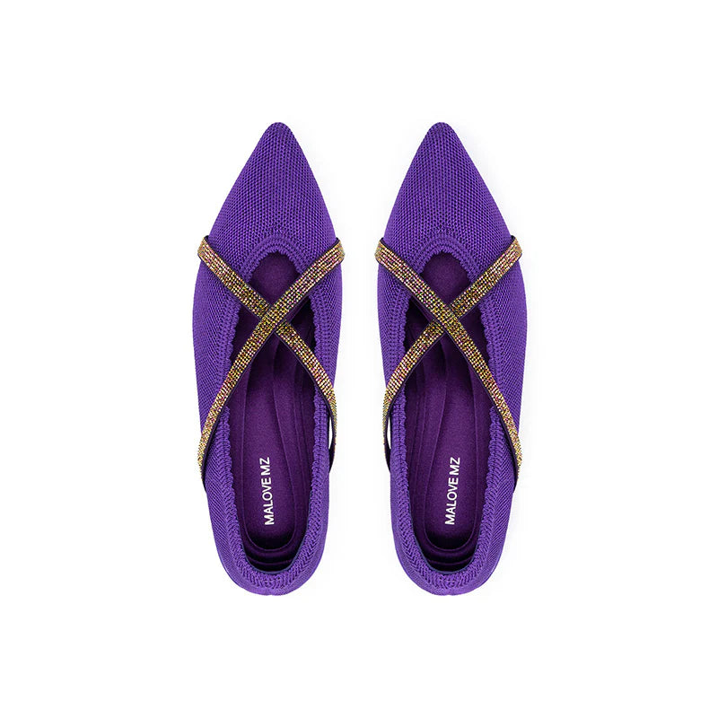 Rhinestone Cross Strap Pointed Toe Knit Flats - Purple