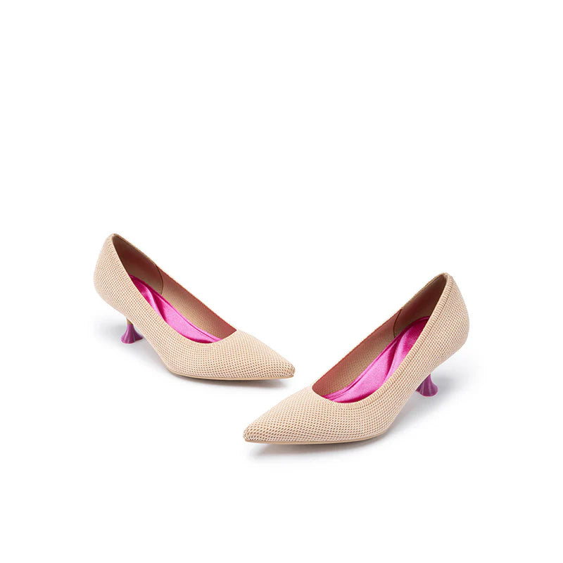Classy Madam Pointed Toe Kitten Heels - Apricot