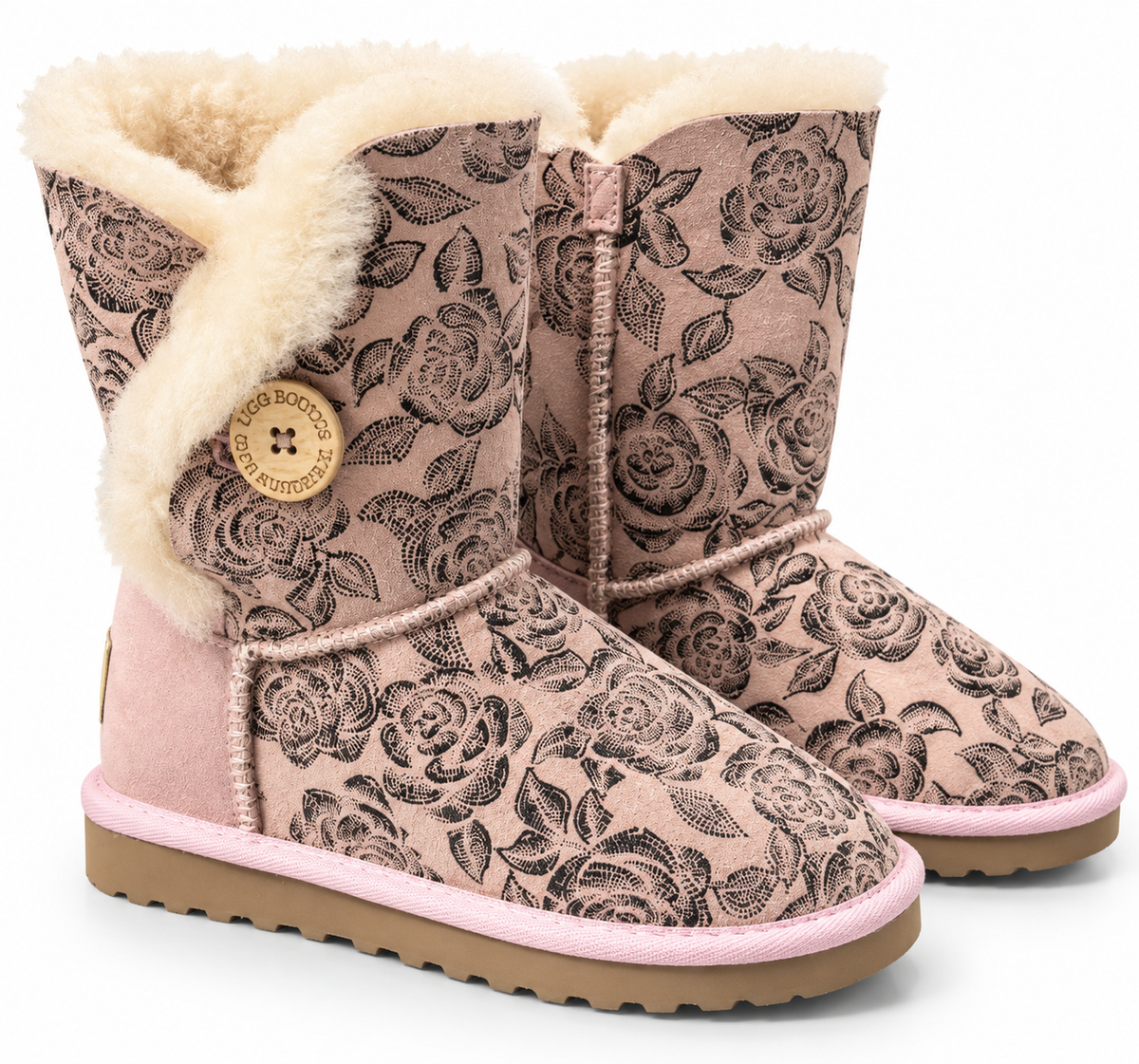 Australian Leather Ugg 1Button Floral Short - Pink - AU5