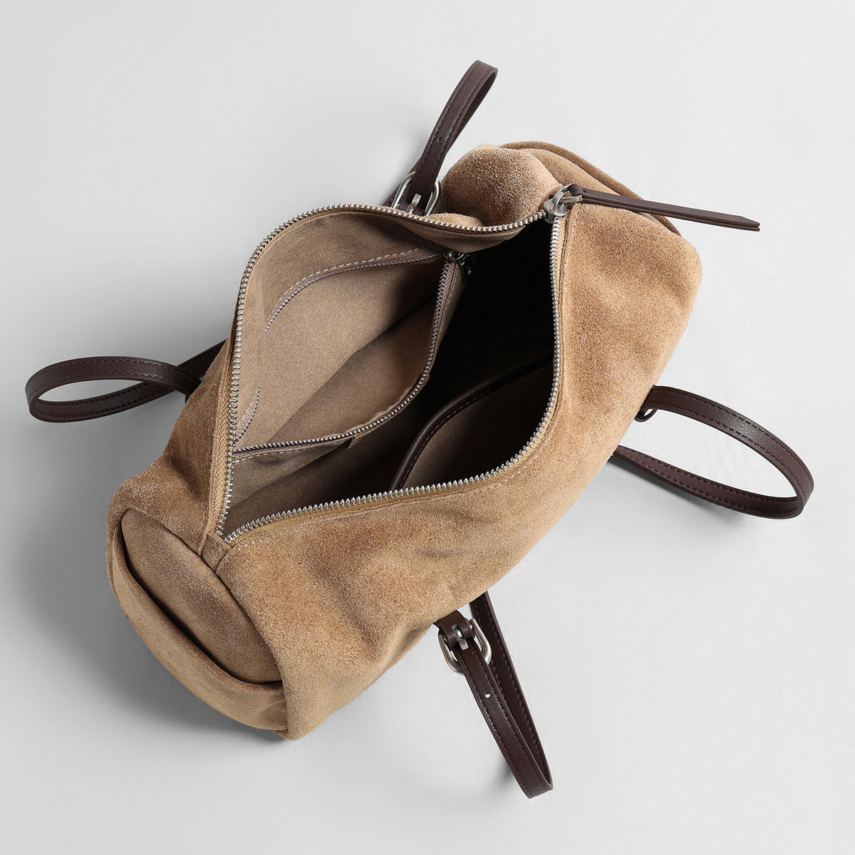 Vintage Suede Barrel Shoulder Bag – Adjustable Leather Crossbody Tote