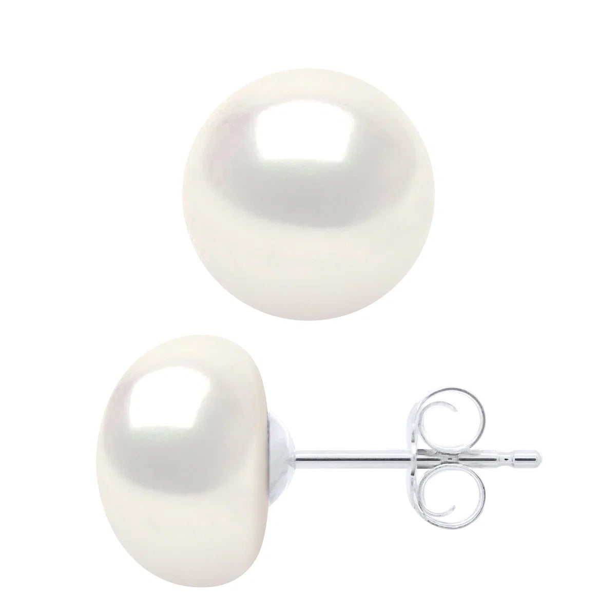 Earrings Button Freshwater Pearl White Sterling Silver 8-9mm