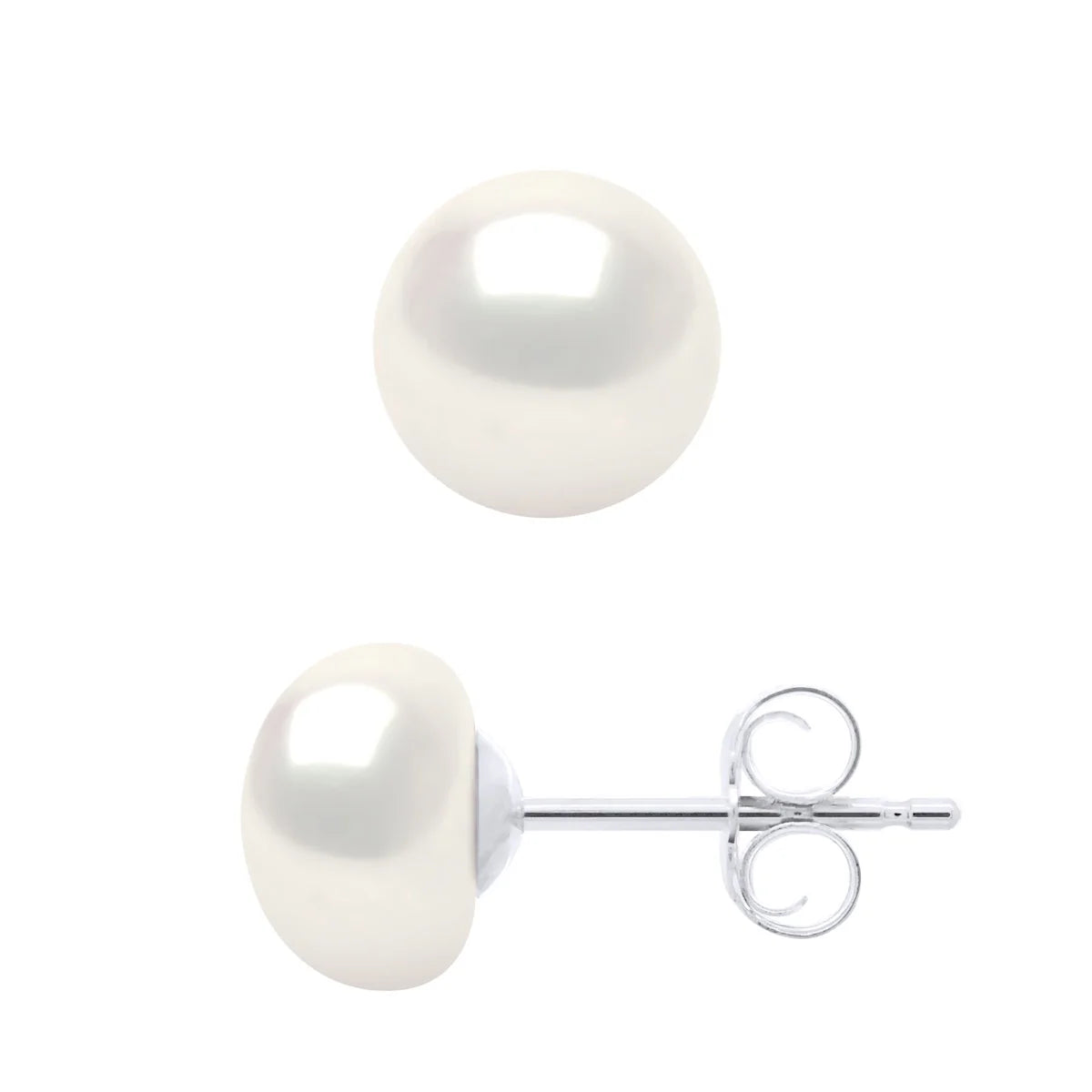 Earrings Button Freshwater Pearl White Sterling Silver 7-8mm