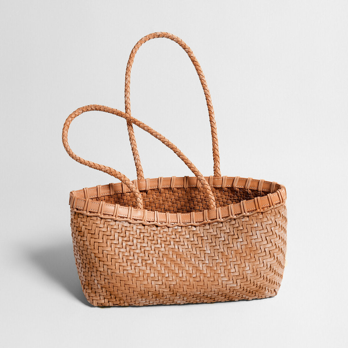 Handwoven Leather Market Basket Tote - Brown