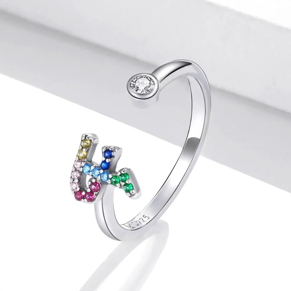 Adjustable Solid 925 Sterling Silver Colourful Rainbow Alphabet Letter Ring