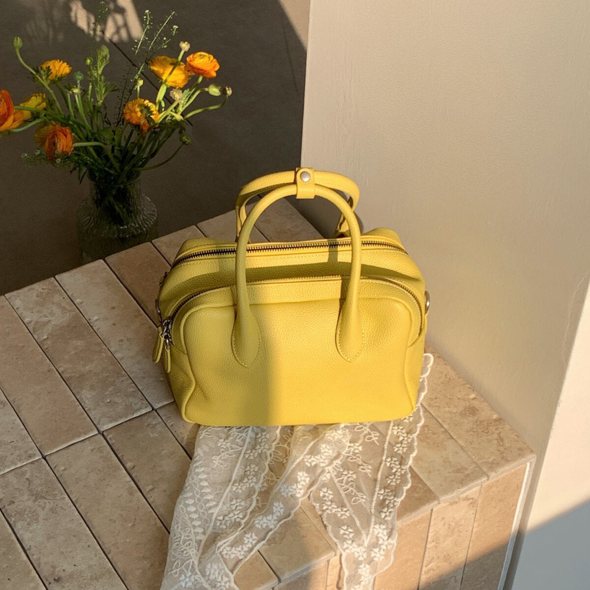 Pebbled Leather Bowling Bag - Yellow